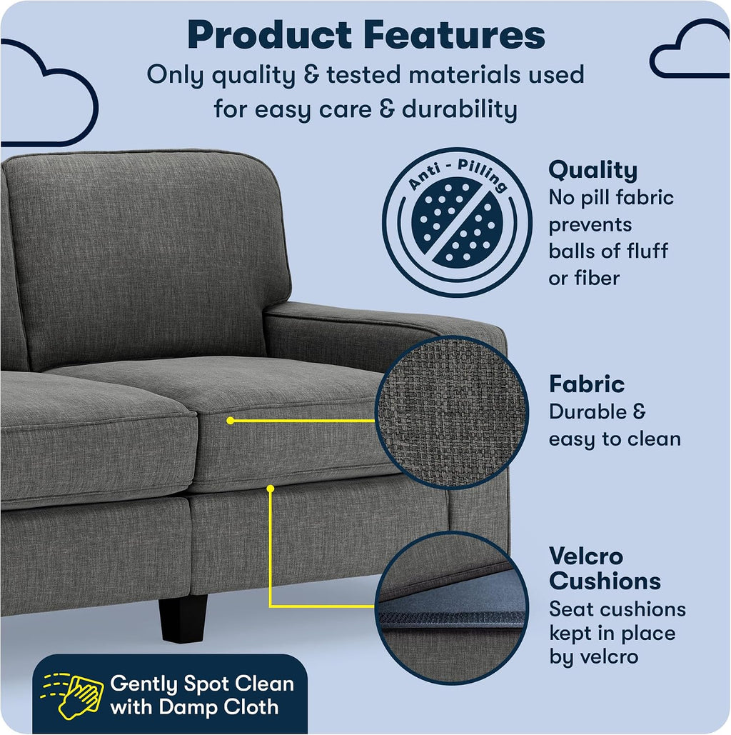 Serta Palisades 61' Track Arm Sofa, Easy Care Polyester, Soft Pillow Back, Pocket Coil Seat Cushions, Removable Covers, Loveseat or Couch for Small Spaces, Living Rooms or Bedrooms, Gray
