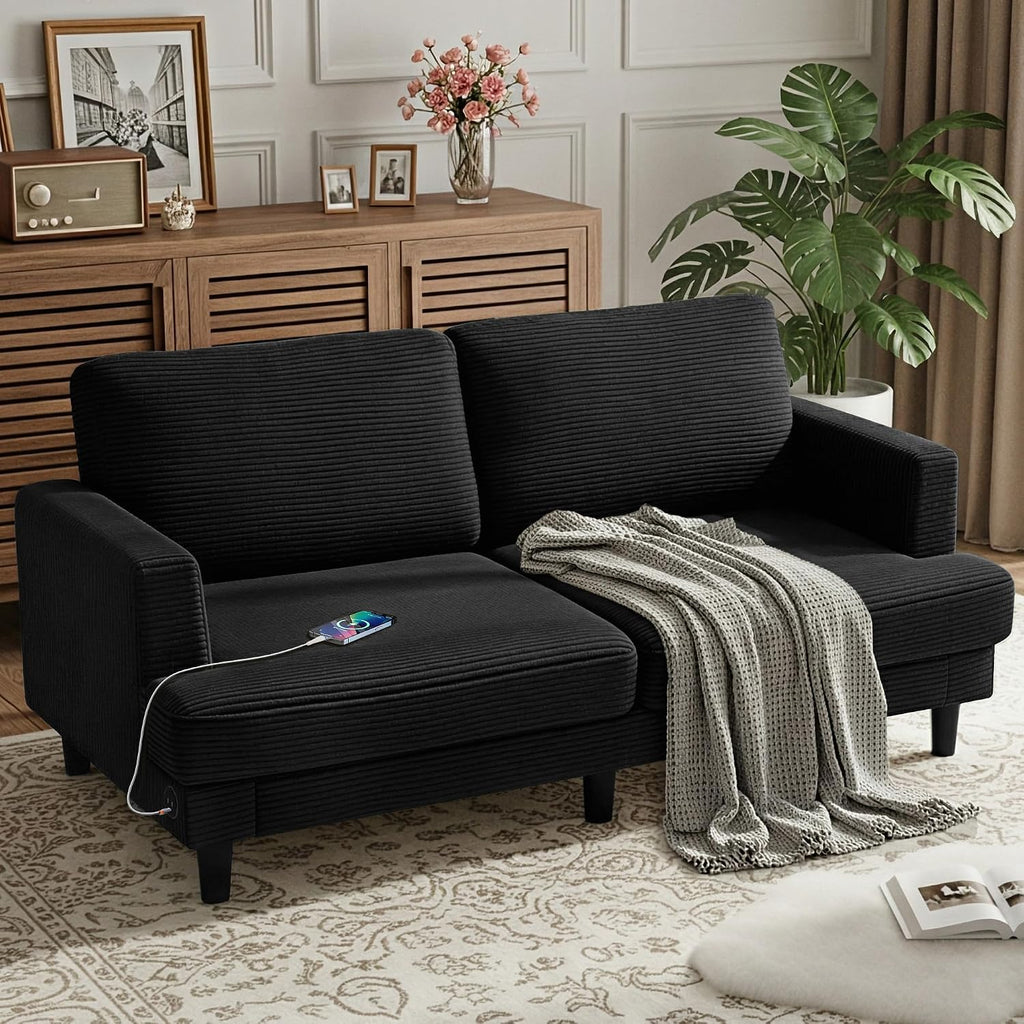 MAKIAAP 70' Loveseat Sofa for Living Room, Comfy Corduroy Couch with USB & Type-C Ports, Modern 2-Seater Deep Seat Small Couch for Bedroom, Apartment, Office – Soft Cushions & Sturdy Frame (Black)