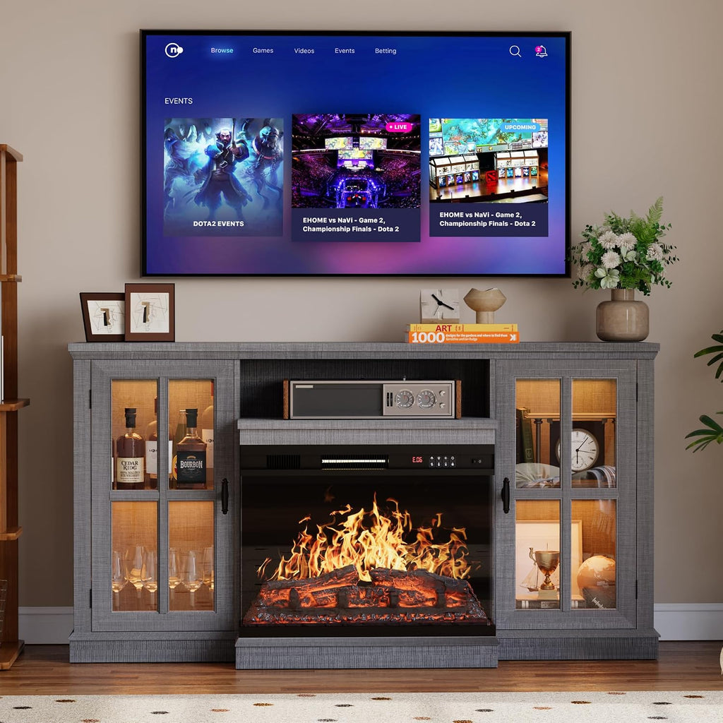 YESHOMY Glass Fireplace TV Stand for Televisions up to 65', Media Entertainment Center Console Table with Led Lights, Light Grey