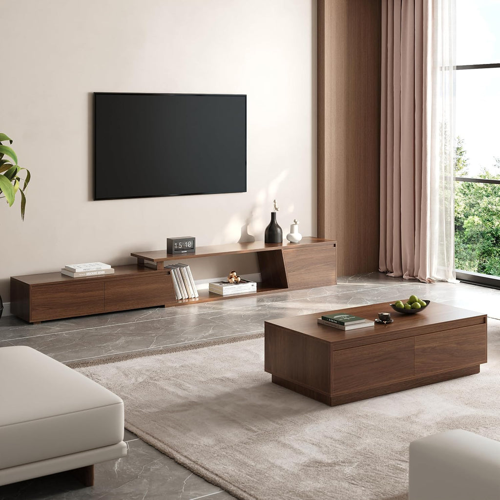 homary Mid Century Walnut TV Stand & Coffee Table Set, Extendable TV Console for 120' TV with Storage Drawers, Modern Engineered Wood Living Room Furniture