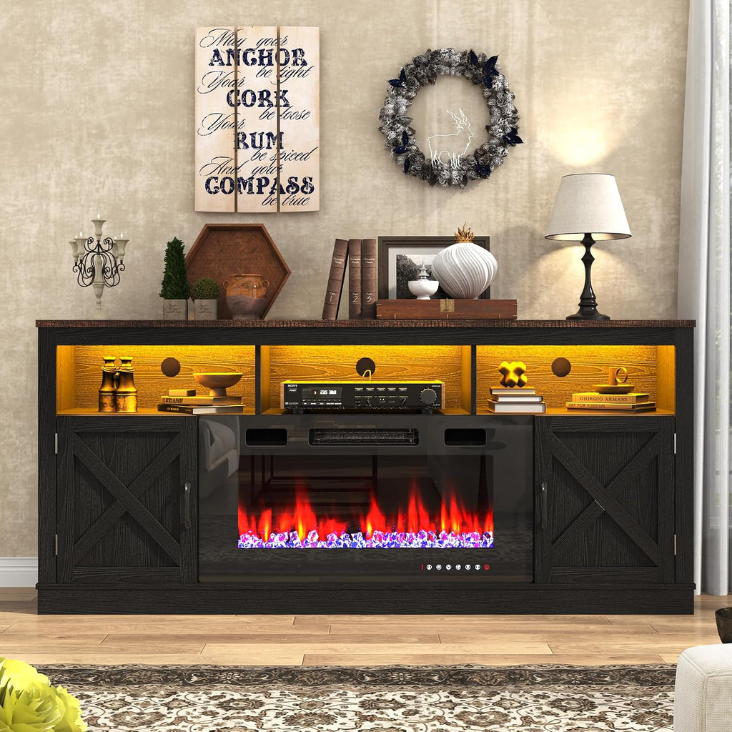 jiteentarou Farmhouse Fireplace TV Stand for 70/75/80 Inch TV, 32'Tall Entertainment Center w/ 36'Electric Fireplace and LED Light, 70'Media Console w/Barn Door Cabinet for Living Room, Black