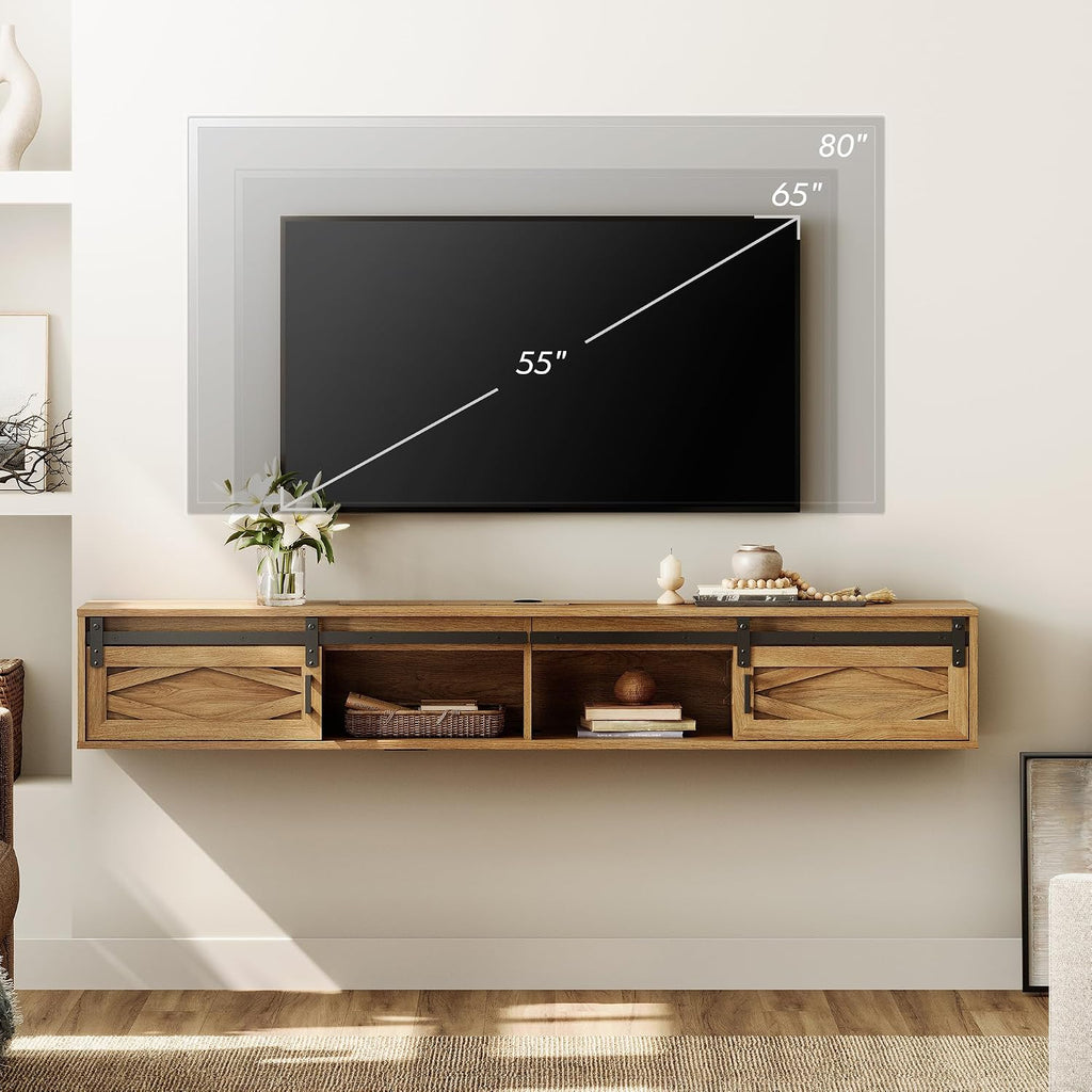 WAMPAT Floating TV Stand for TVs up to 80 Inch, Wood Entertainment Center with Charging Station, Sliding Barn Door Floating TV Shelf for Living Room,Brown