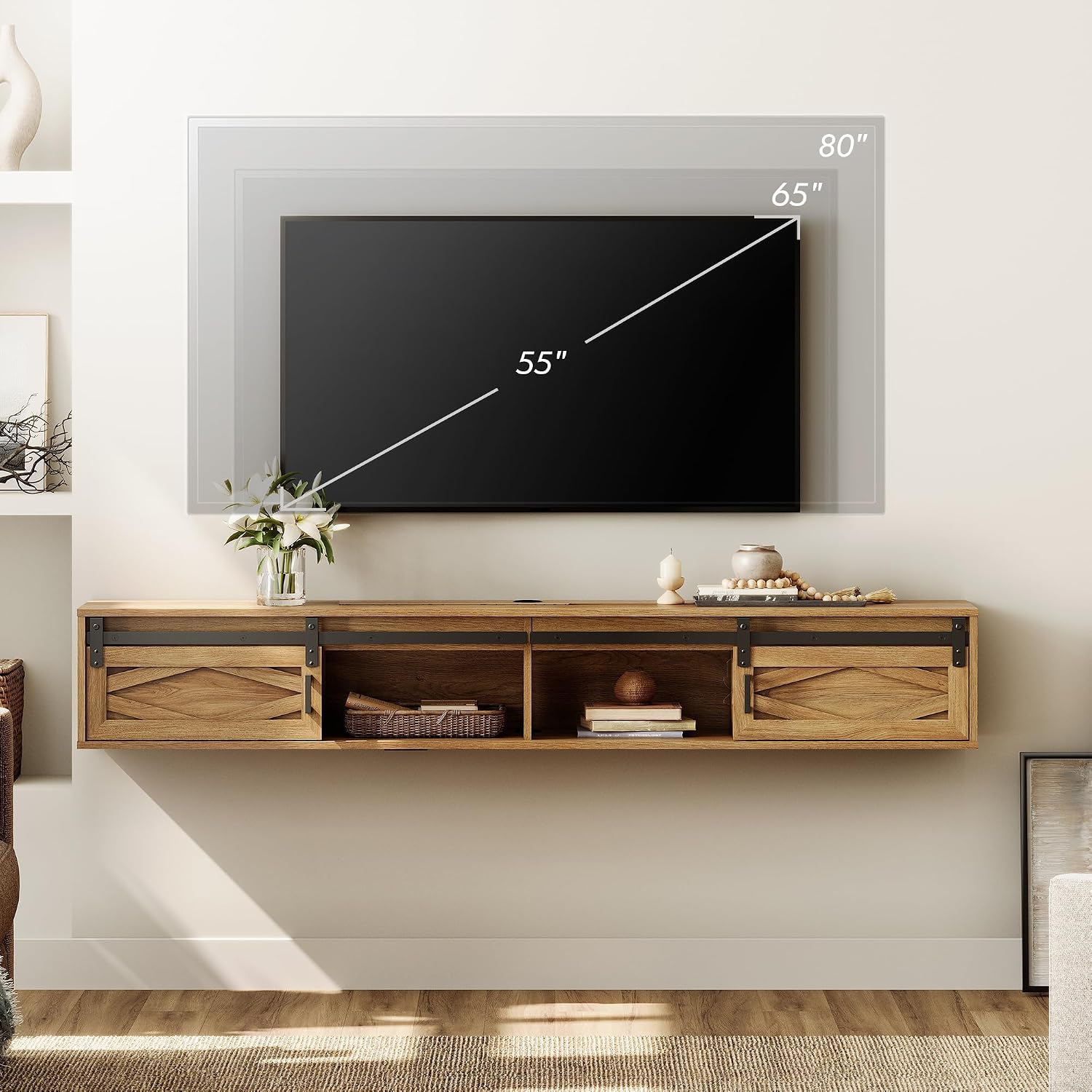 WAMPAT Floating TV Stand for TVs up to 80 Inch, Wood Entertainment Center with Charging Station, Sliding Barn Door Floating TV Shelf for Living Room,Brown