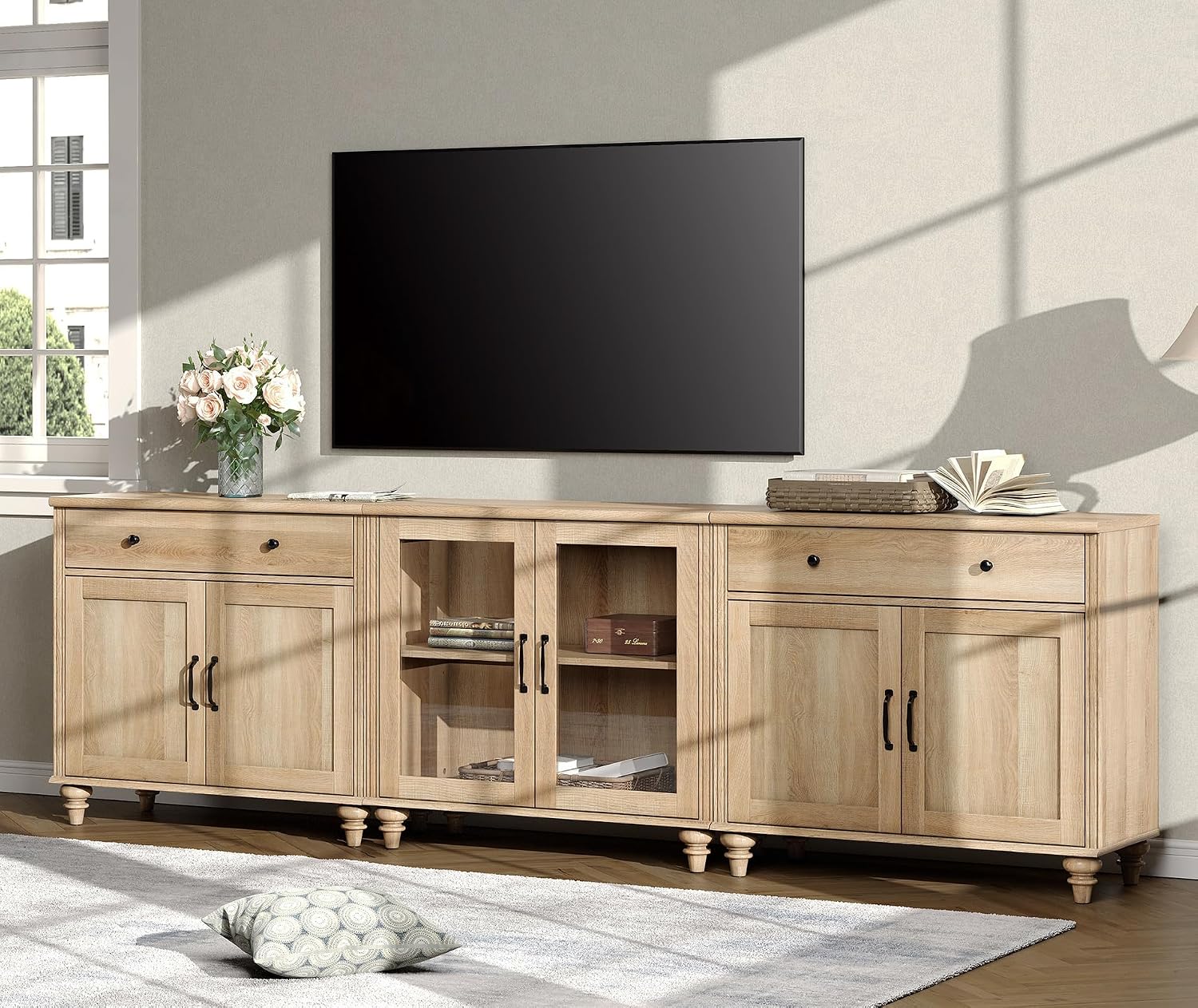 WAMPAT Farmhouse TV Stand for 100 Inch TV, 3-in-1 TV Console Table for 75/80/85/90 Inch TV, Entertainment Center with Glass & Wood Door, Kitchen Sideboard Buffet Cabinet for Dining Room, Oak