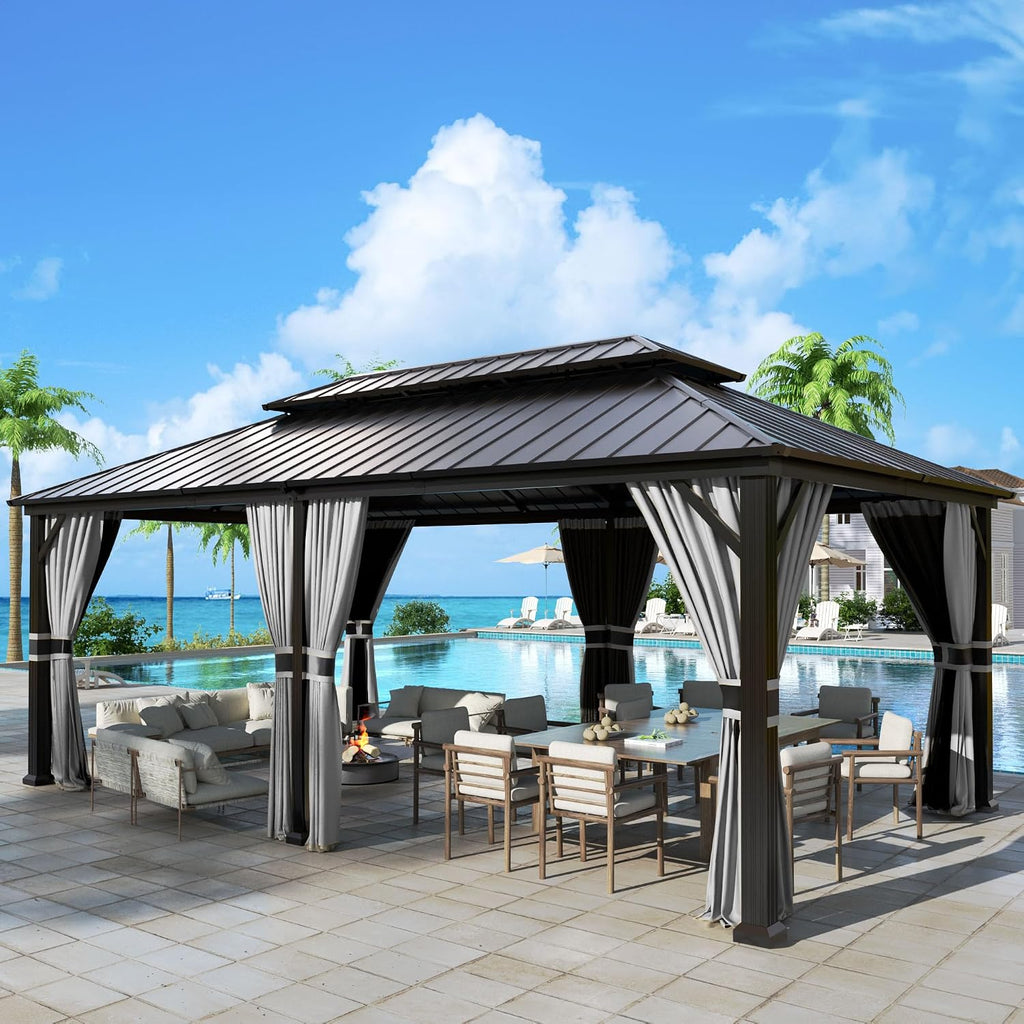 UDPATIO 12' x 20' Hardtop Gazebo, Galvanized Steel Double Roof Permanent Aluminum Gazebo, Outdoor Metal Pergolas with Mosquito Netting and Curtains for Garden, Parties, Patio, Deck, Lawns, Grey