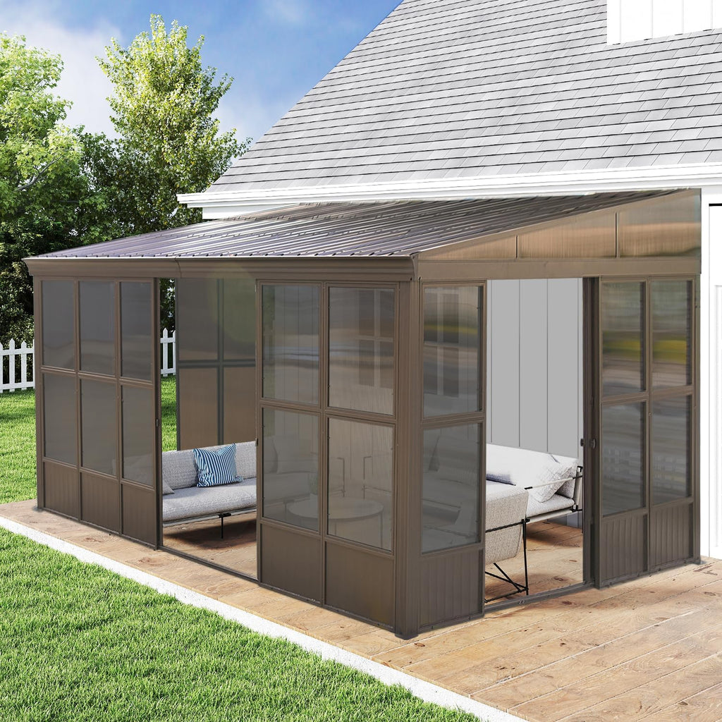 Domi 12x16FT Wall Mounted Sunroom,Solarium Aluminum Enclosed Gazebo with Hard Walls,Front Door&Side Entrance,Galvanized Steel Sloping Roof&Detachable PC Screen,Lean to Gazebo Sun Room for Patio Deck