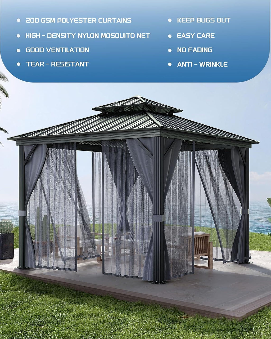 12'x14' Hardtop Gazebo - Heavy Duty Galvanized Steel Frame with Double Roof, Includes Netting & Curtains for Patio/Backyard (Gray)
