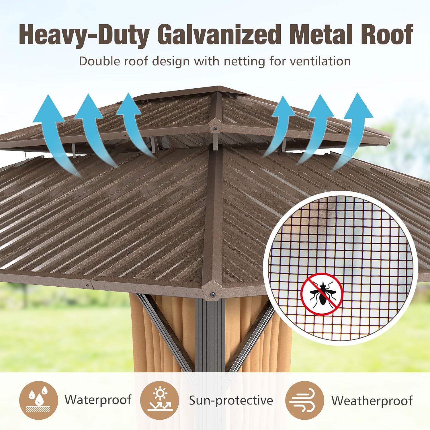 Tangkula 12x14 FT Hardtop Gazebo, Aluminum Frame Permanent Pavilion with Curtains, Netting, Heavy-Duty Double-Tier Galvanized Metal Roof, Outdoor Gazebo for Patios Garden Deck Lawn Backyard