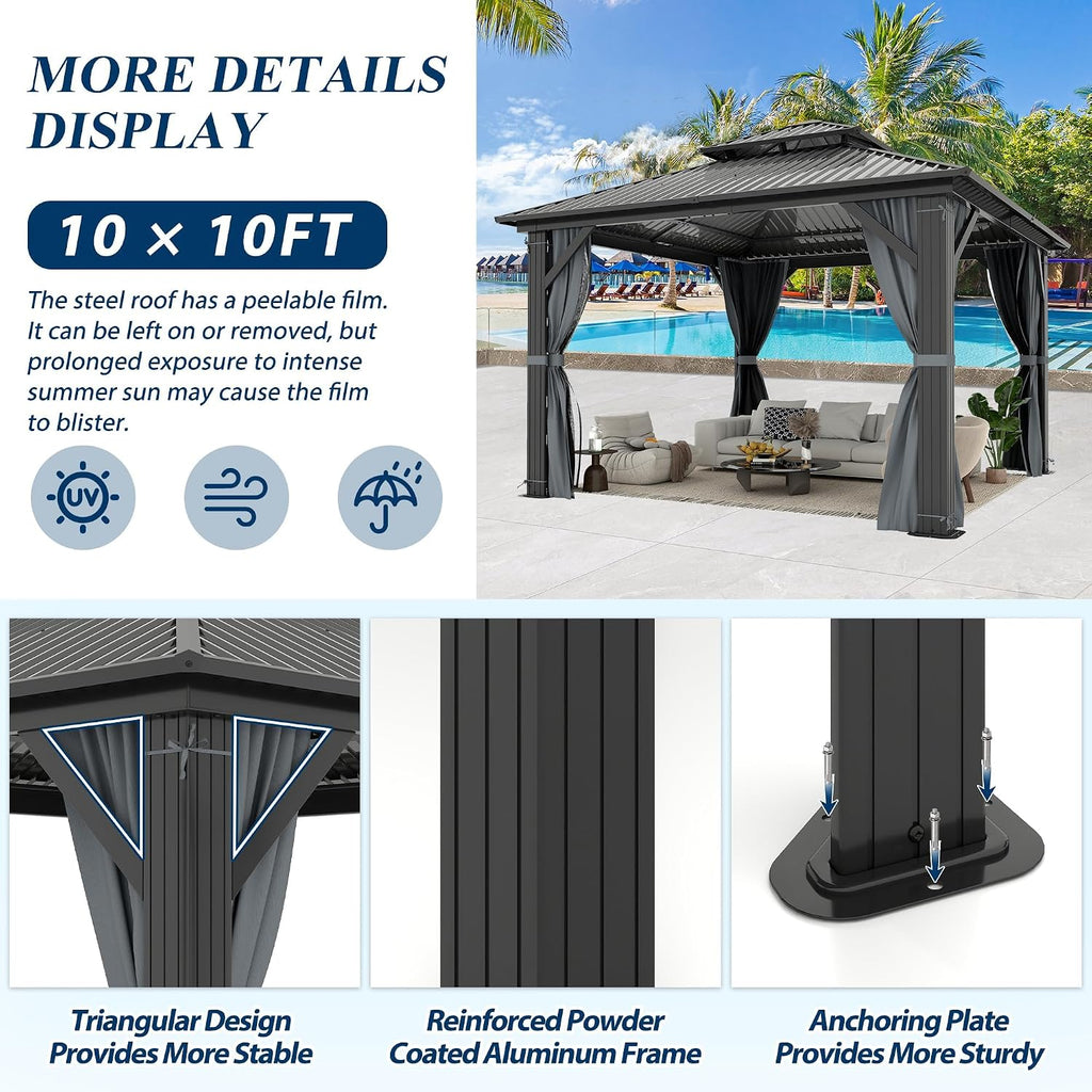 COVERONICS 10' x 10' Outdoor Hardtop Gazebo - Aluminum Heavy-Duty Double Roof Vented Gazebo with Breathable Netting & Privacy Curtains for Patio, Porch, Garden, Lawn
