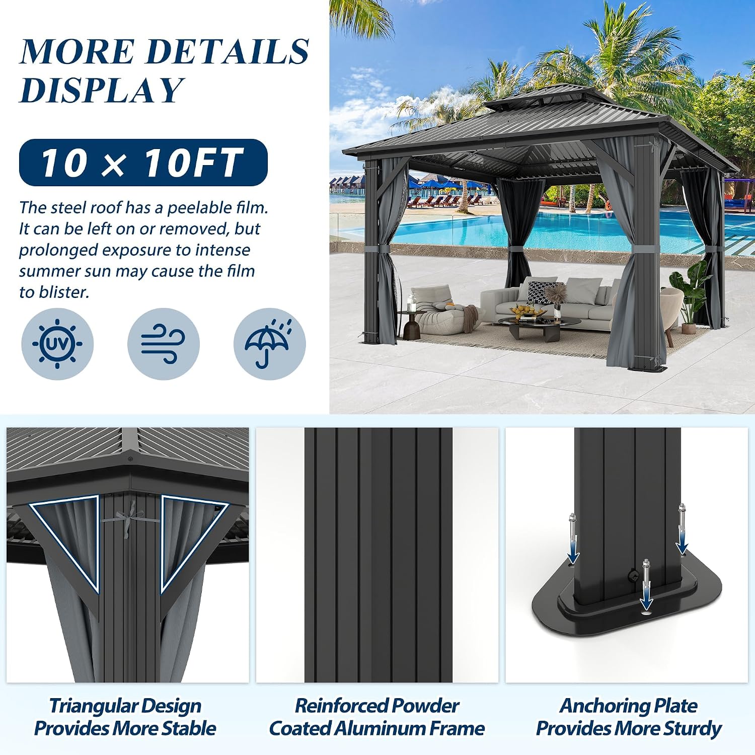 COVERONICS 10' x 10' Outdoor Hardtop Gazebo - Aluminum Heavy-Duty Double Roof Vented Gazebo with Breathable Netting & Privacy Curtains for Patio, Porch, Garden, Lawn