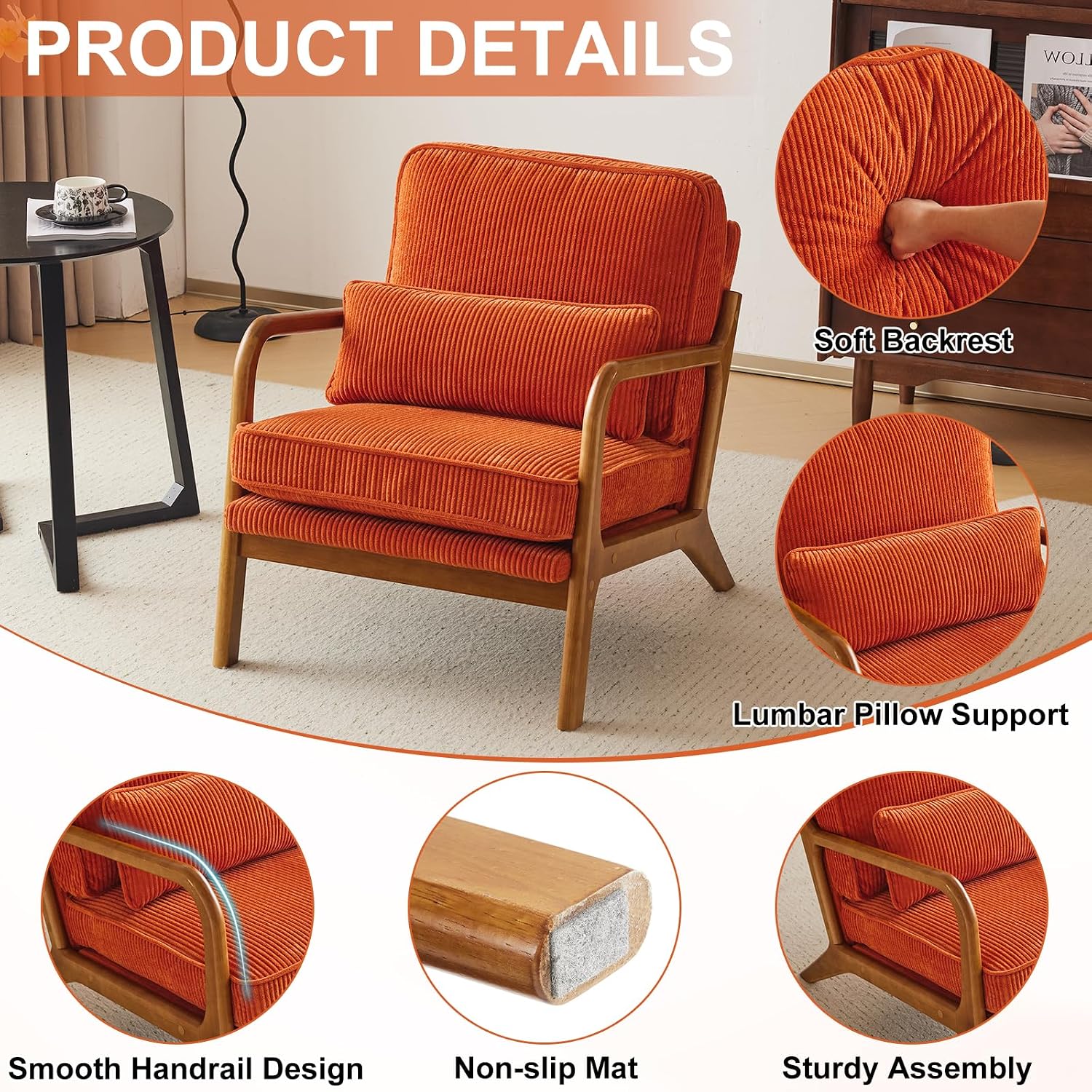 Karl home Mid-Century Modern Accent Chair, Living Room Chairs with Pillow Corduroy Upholstered Lounge Armchair with Solid Wood Frame & Soft Cushion for Bedroom, Reading Room, Orange