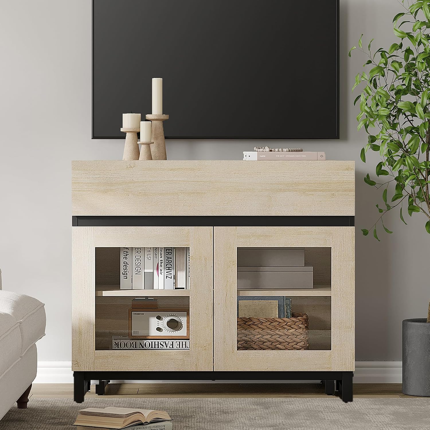 WAMPAT Modern TV Stand with Glass Doors for 26-40 inch TVs, Entertainment Center Console with Drawer and Metal Base for Living Room, Bedroom, Beige
