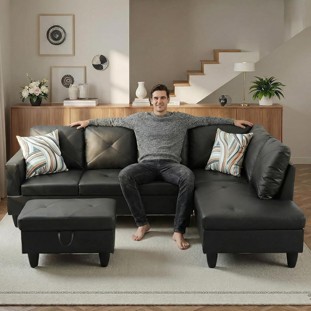 97' L Shaped Couch Set Leather, Modular Sectional Couches for Living Room with Storage Ottoman, 4 Seat Home Sofa Living Room Furniture Sets with Chaise for Apartment Office (Black)