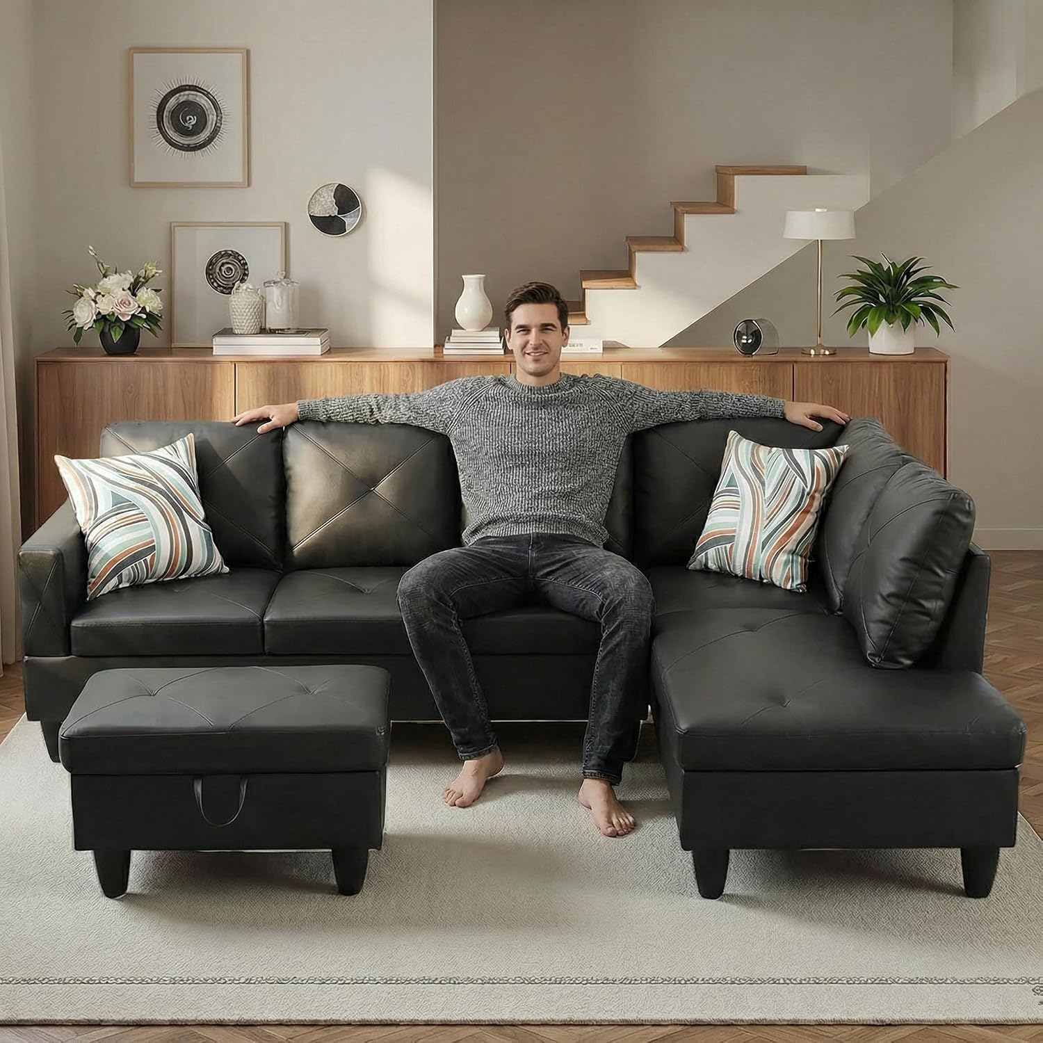 97' L Shaped Couch Set Leather, Modular Sectional Couches for Living Room with Storage Ottoman, 4 Seat Home Sofa Living Room Furniture Sets with Chaise for Apartment Office (Black)