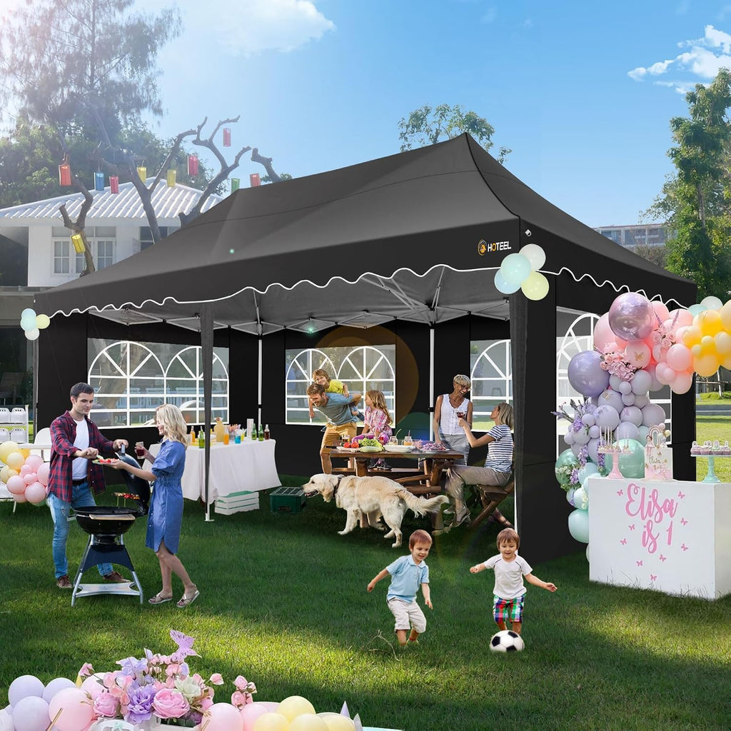 HOTEEL 10x20 Pop up Canopy Tent with 6 Removable Sidewalls, Wave Hem Roof 10x20 Canopy with Wheel Bag and 4 Sandbag, Commercial Pop up Tent Waterproof Sunshade for Market Wedding Party Stall (Black)