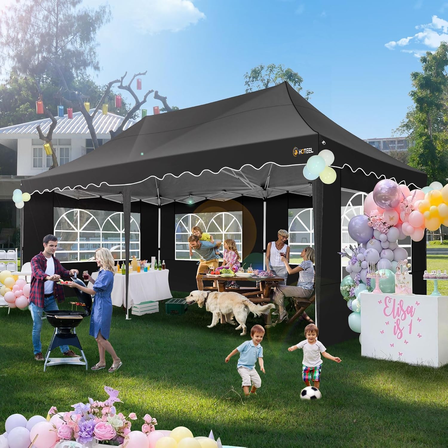 HOTEEL 10x20 Pop up Canopy Tent with 6 Removable Sidewalls, Wave Hem Roof 10x20 Canopy with Wheel Bag and 4 Sandbag, Commercial Pop up Tent Waterproof Sunshade for Market Wedding Party Stall (Black)