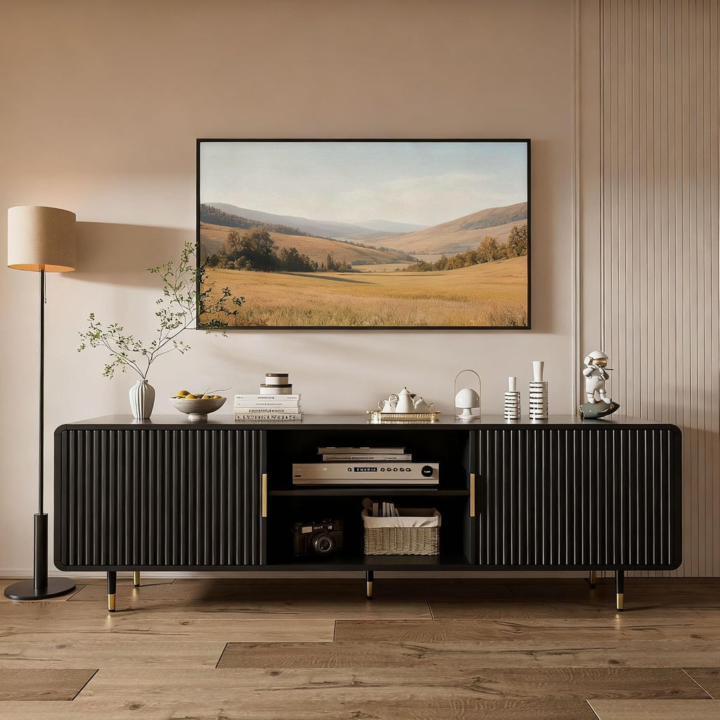 SYESWAY TV Stand for 65 Inch TV, Fluted TV Stand with Curved Profile, Modern Entertainment Center TV Console Table with Sliding Doors & Adjustable Shelves, TV Stands for Living Room Bedroom, Black