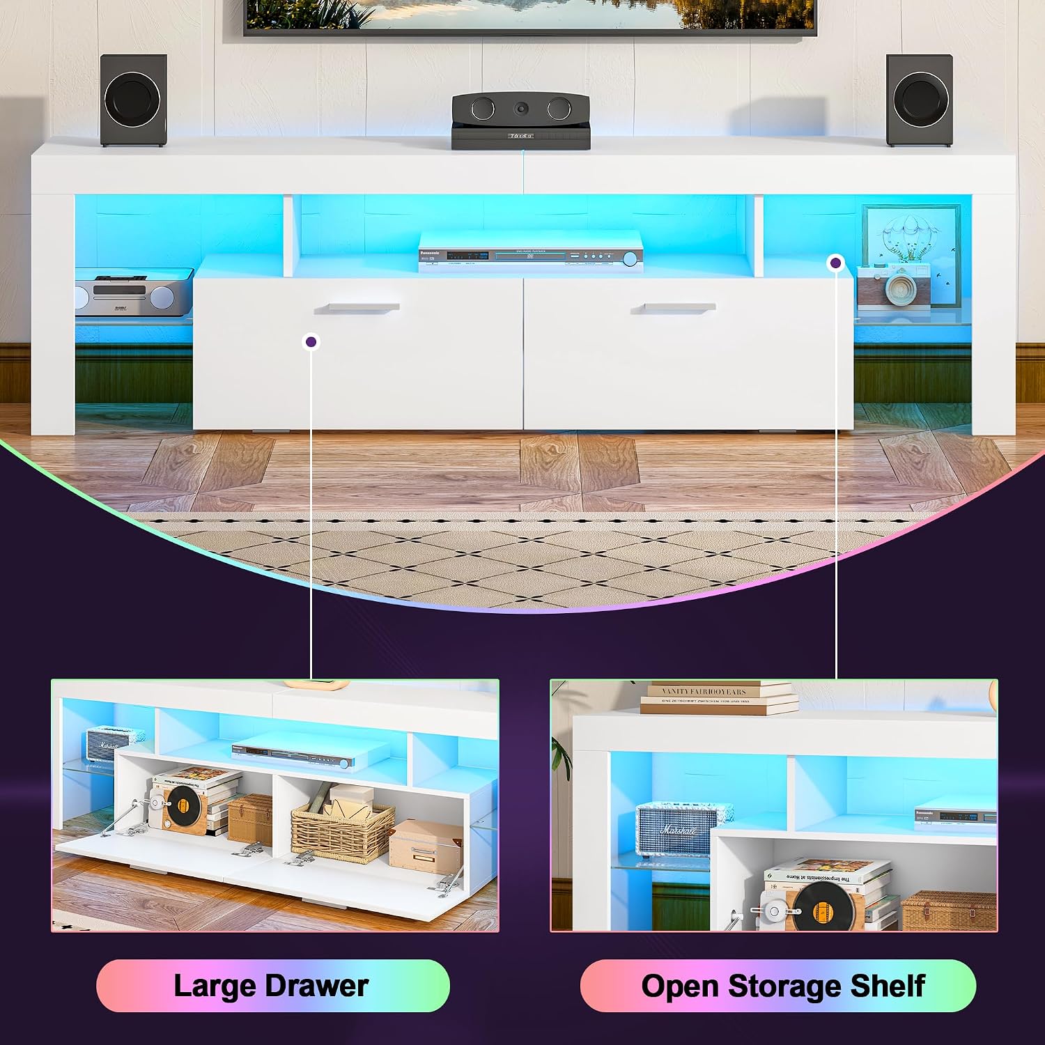 Clikuutory Modern Lighting 63 inch TV Stand with Large Storage Drawer for 50 55 60 65 70 75 Inch TVs, TV Console with 20 Color LED Lights, Entertainment Center Media and Open Shelf for Bedroom, White