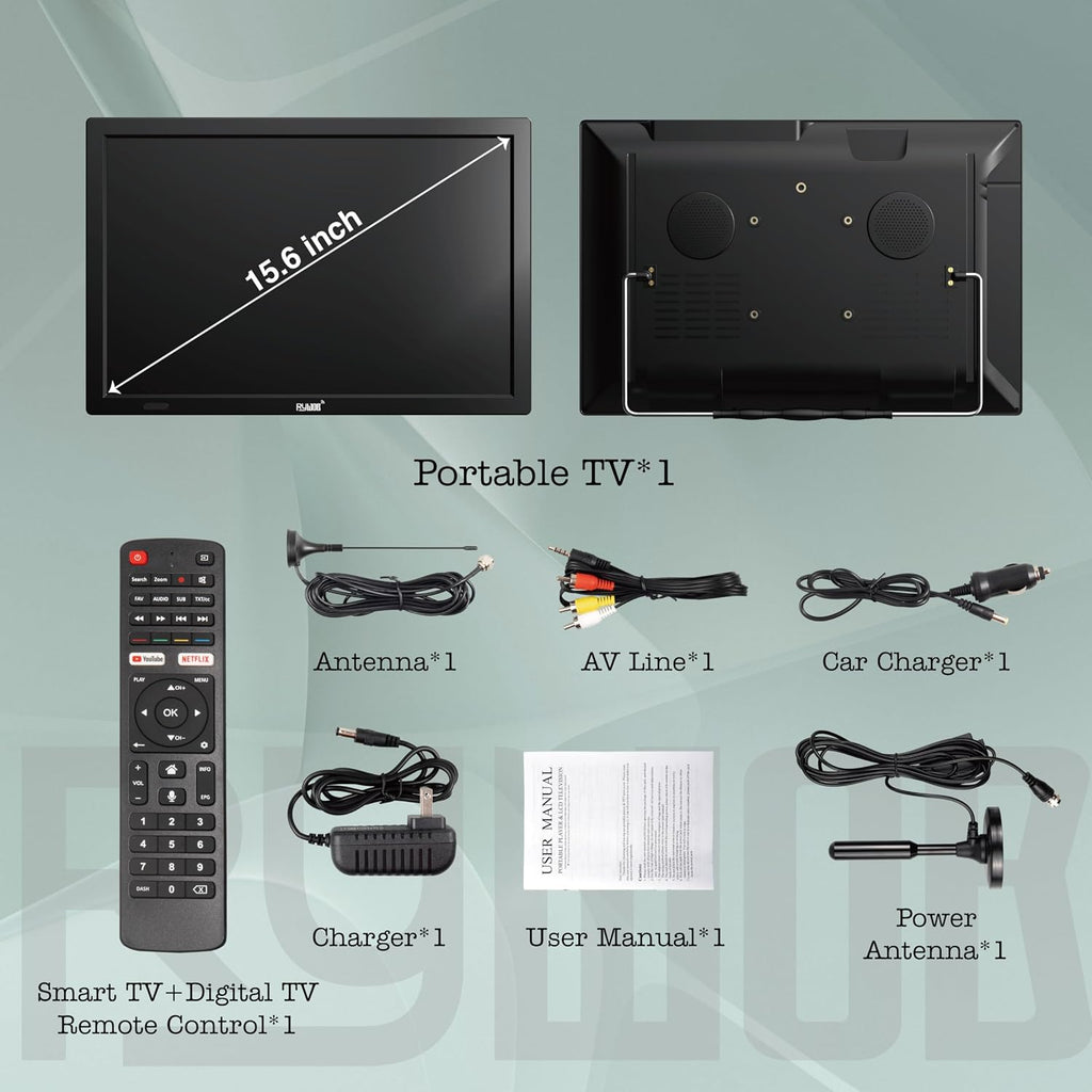 15.6' Small Smart TV,Built-in Digital Tuner,4000mAh Rechargeable Battery TV, HDMI/SD Card/USB/AV Input,LCD Screen with Stand for Car,RV,Camping