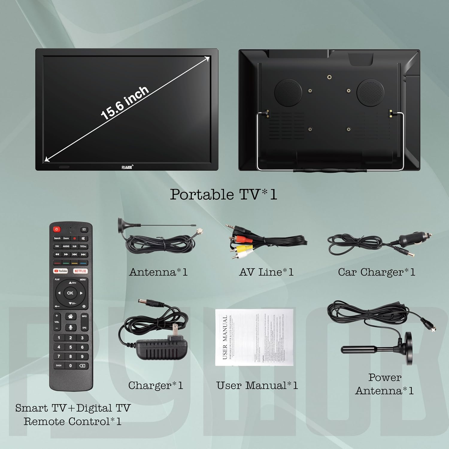 15.6' Small Smart TV,Built-in Digital Tuner,4000mAh Rechargeable Battery TV, HDMI/SD Card/USB/AV Input,LCD Screen with Stand for Car,RV,Camping