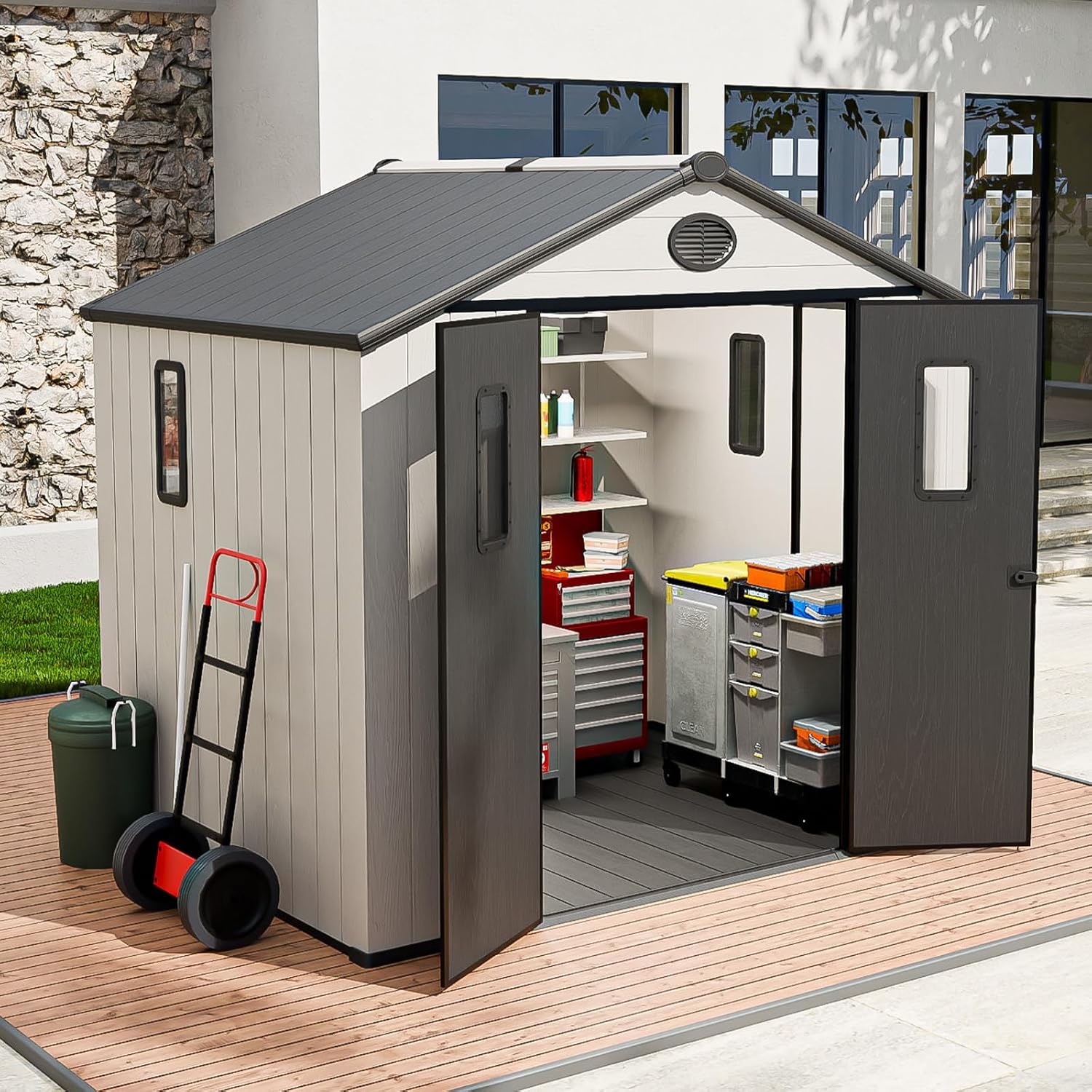 8x8 Outdoor Storage Shed with Floor, Heavy Duty Resin Tool Shed, Weather Resistant Garden Storage Building with Windows & Ventilation, White/Gray