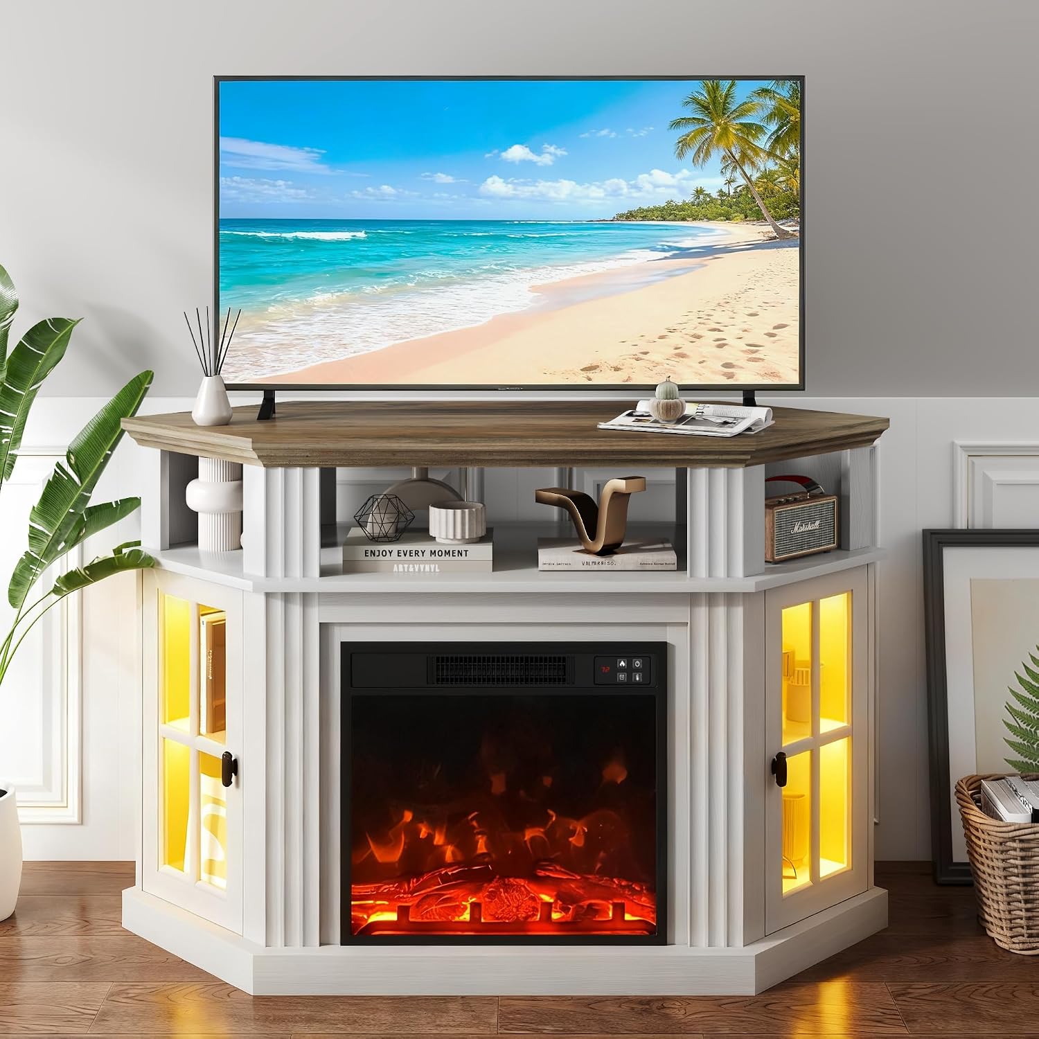 YESHOMY LED Corner Fireplace TV Stand with Mood Lighting, for TVs up to 55' with Storage Cabinets, Entertainment Center, Media Console for Living Room, Bedroom, White＆Rustic