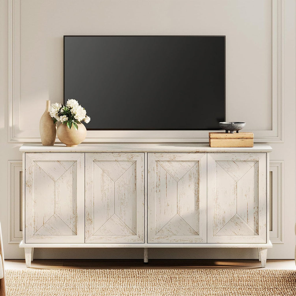WAMPAT 65' Modern Farmhouse TV Stand with Handcrafted Patchwork Doors for 55-75' TVs, Entertainment Center Console with Cable Management, Adjustable Shelves Storage for Living Room, Pale Oak