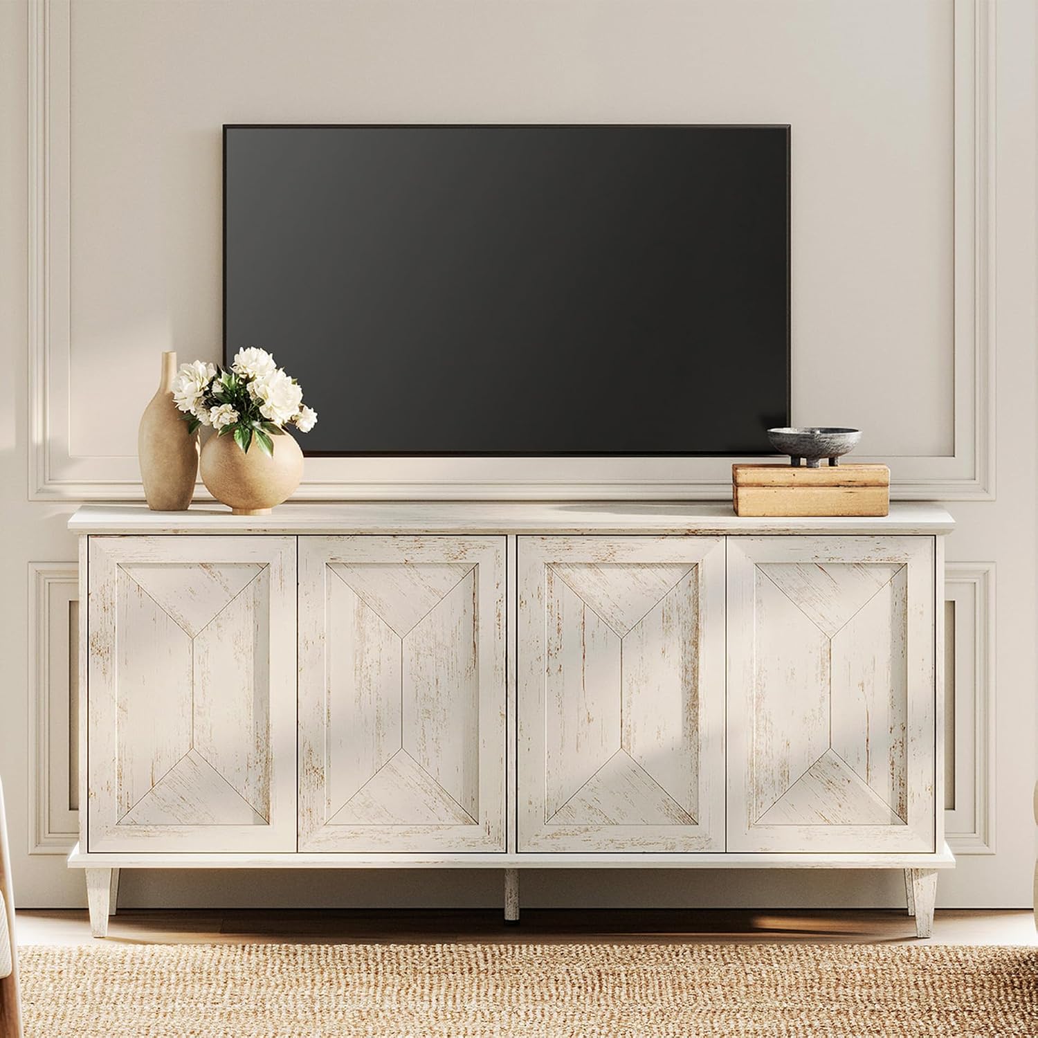 WAMPAT 65' Modern Farmhouse TV Stand with Handcrafted Patchwork Doors for 55-75' TVs, Entertainment Center Console with Cable Management, Adjustable Shelves Storage for Living Room, Pale Oak