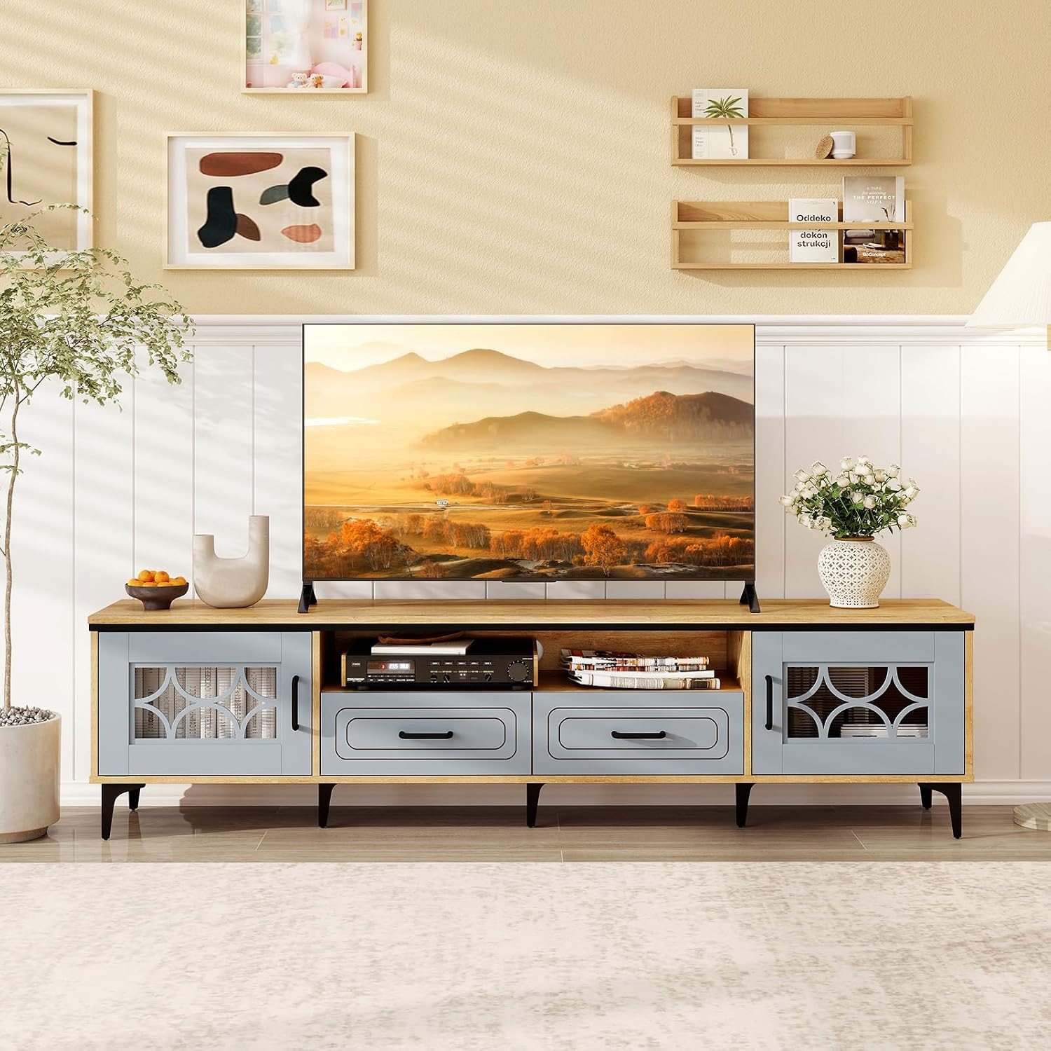 Giantex Wood TV Stand for TVs up to 80', Modern Entertainment Center with Storage Drawers, Side Cabinets, Wood Television Stands, Media TV Console Table for Living Room Bedroom (Oak & Bluish Gray)