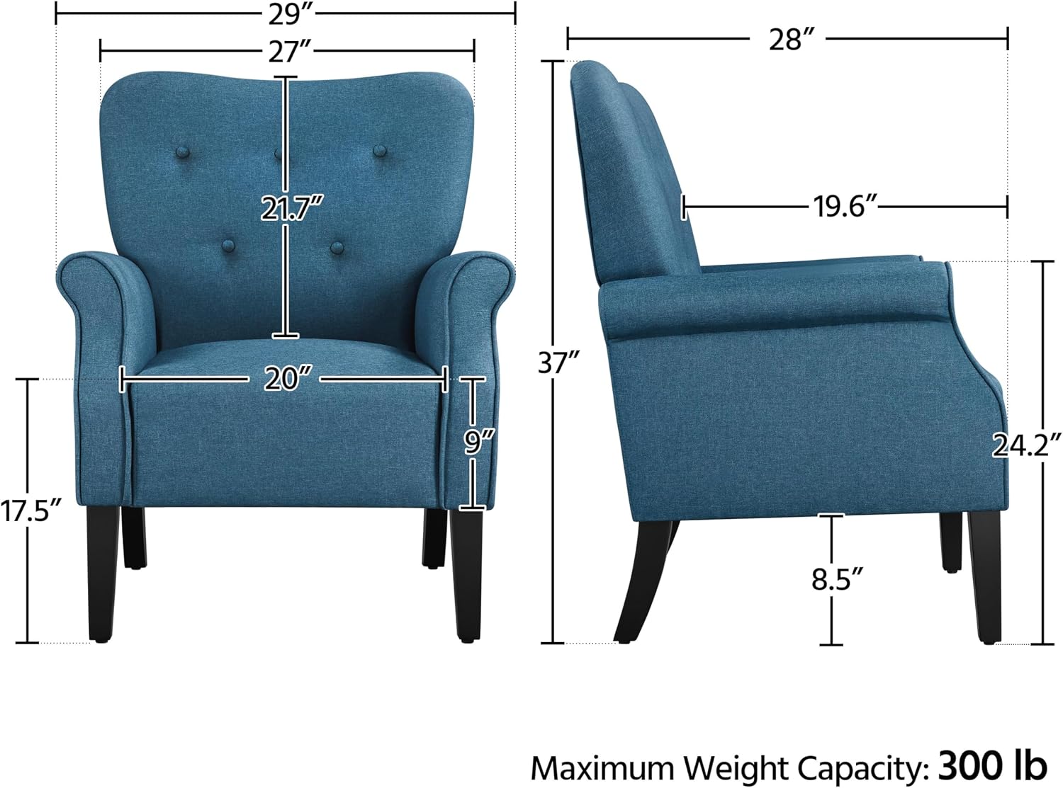 Yaheetech Modern Armchair, Mid Century Accent Chair with Sturdy Wood Legs and High Back for Small Space, Upholstered Fabric Sofa Club Chair for Living Room/Bedroom/Office, Set of 2, Navy Blue