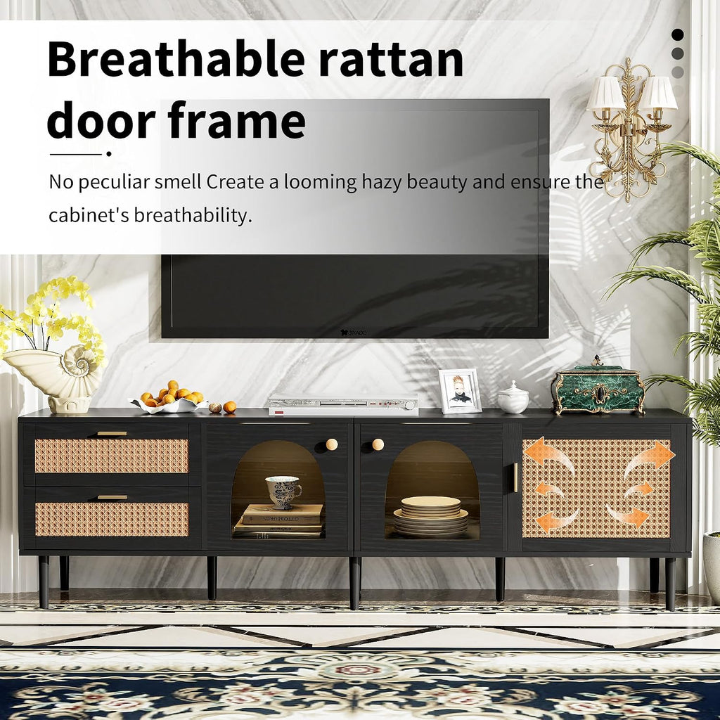 Merax LED TV Stand for TVs up to 80', Boho Entertainment Center with Rattan Decor, Multi-Functional Media Console & 3 Storage Cabinets and 2 Drawers for Living Room, Bedroom, Home Theatre, Black