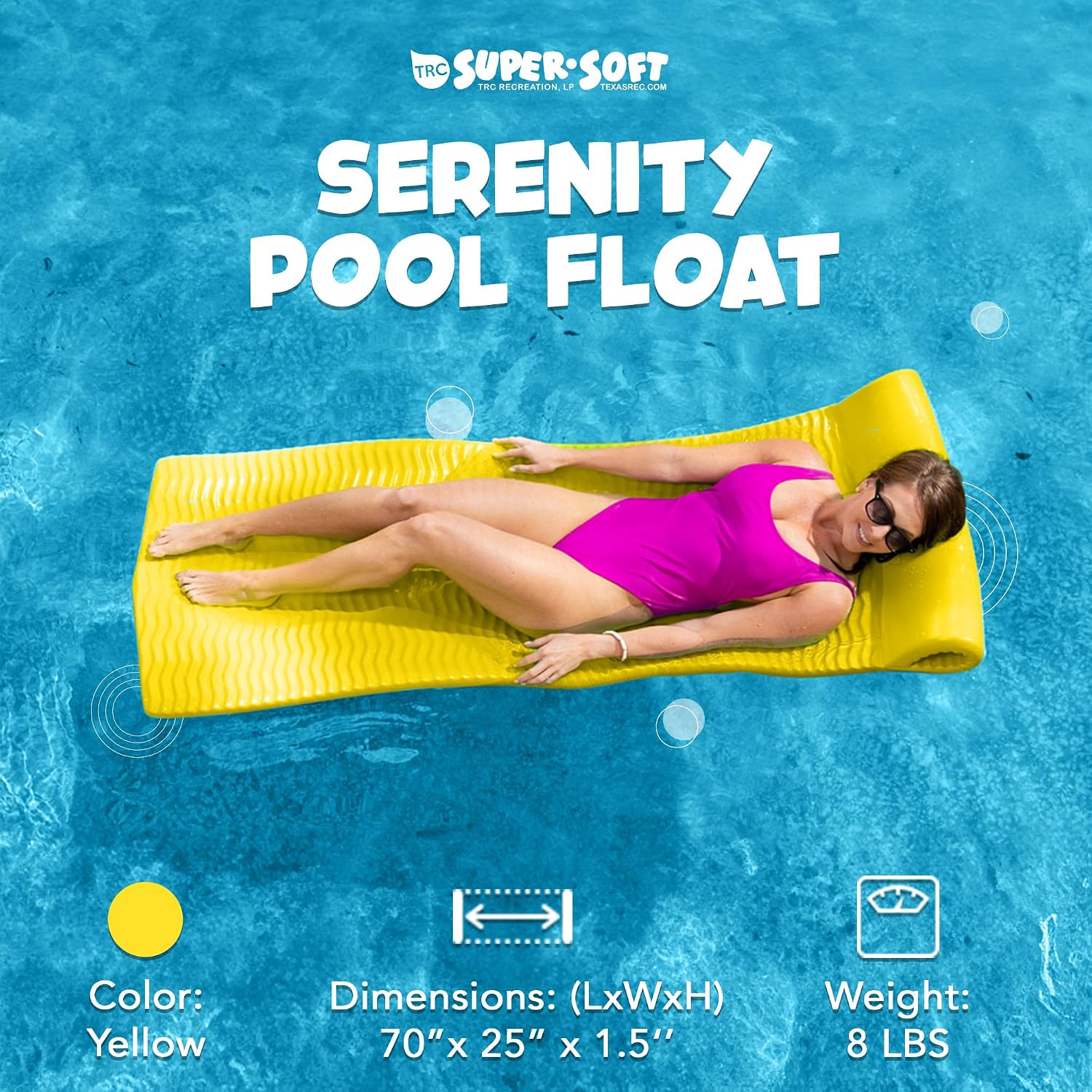 TRC Recreation Serenity 1.5' Thick Vinyl Coated Foam Swimming Pool Float Mat Adult Lounger with Built-in Roll Pillow