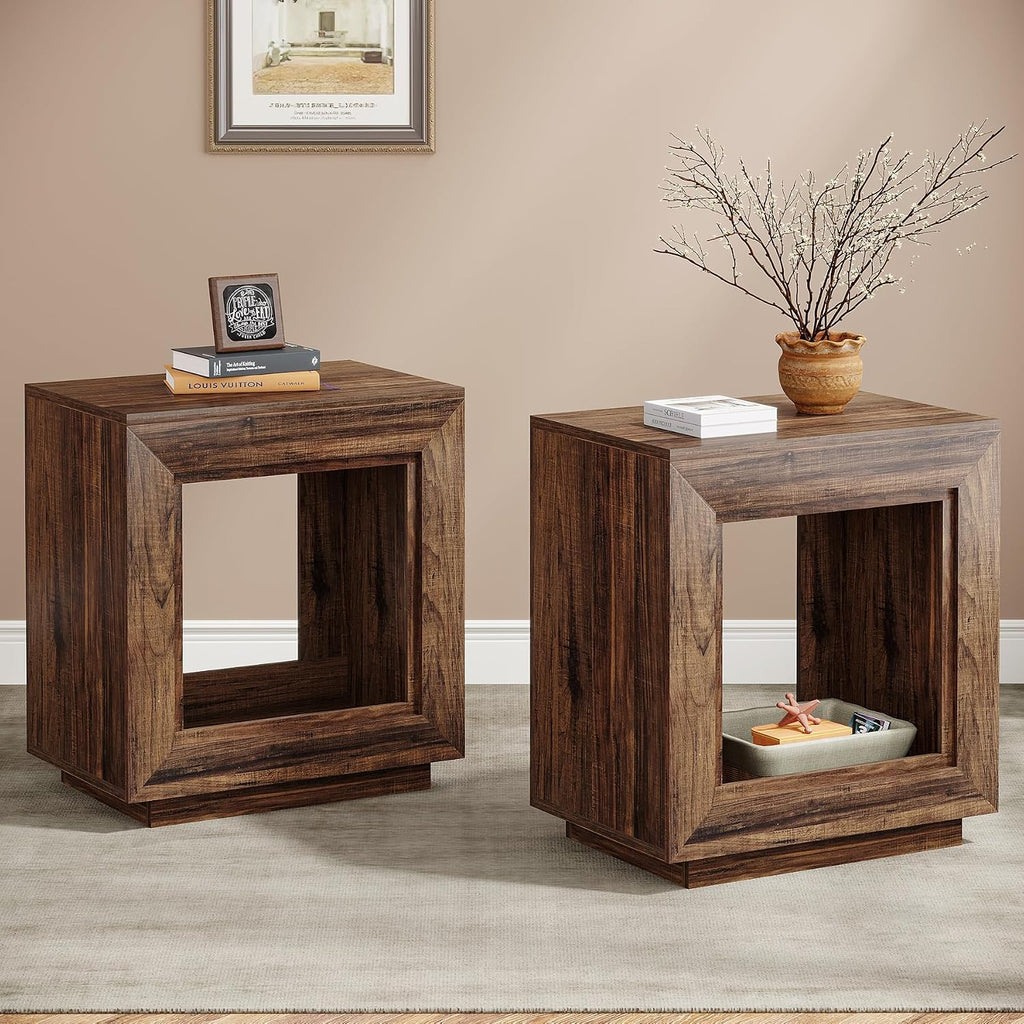 Tribesigns Rustic Wood End Table, 2 Tiered Square Side Table with Storage Shelf, Industrial Sofa Side Table for Living Room, Entrance (Rustic Brown) (1) (2, Brown)