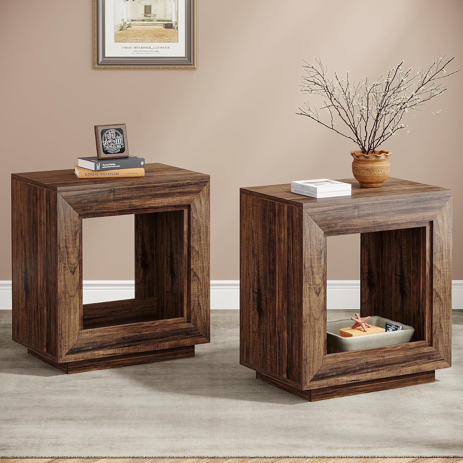 Tribesigns Rustic Wood End Table, 2 Tiered Square Side Table with Storage Shelf, Industrial Sofa Side Table for Living Room, Entrance (Rustic Brown) (1) (2, Brown)