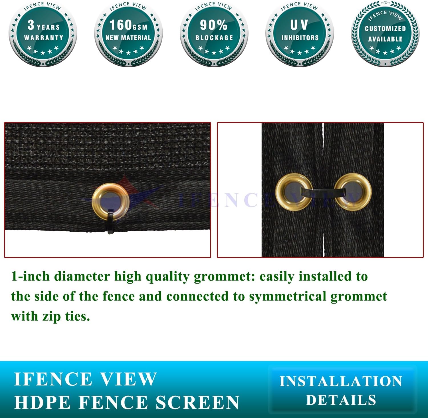Ifenceview 3' x 1' to 3' x 100' Black Shade Cloth Fabric Fence Privacy Screen Panels Mesh Net for Construction Site Yard Garden Pergola Gazebos Railing Canopy Awning 180 GSM UV Protection (3' x 97')