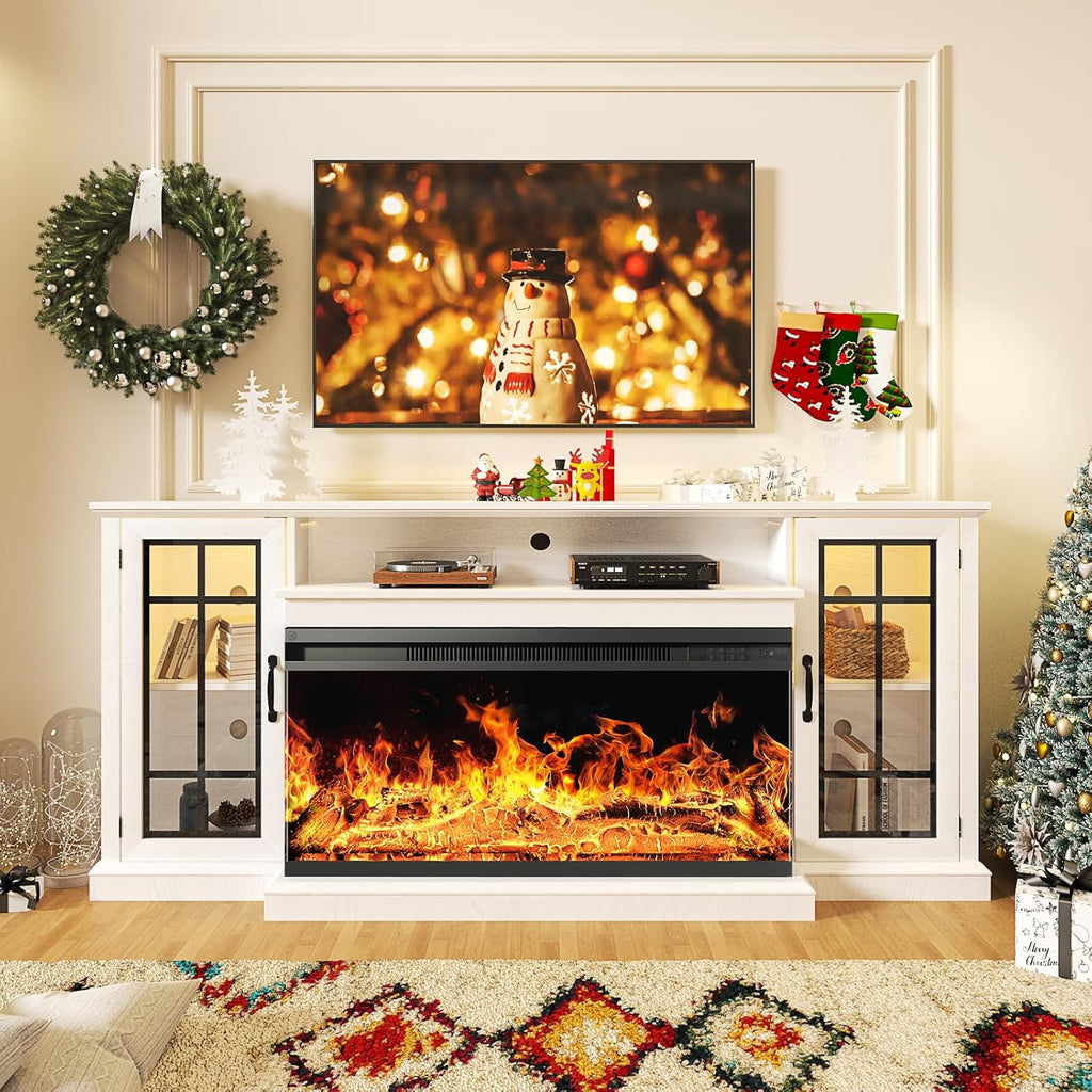 oneinmil 36 Inch 3-Sided Glass Fireplace TV Stand for TVs up to 80', Rustic Media Entertainment Center Console Table with Glass Door Closed Storage, Set of TV Table, White