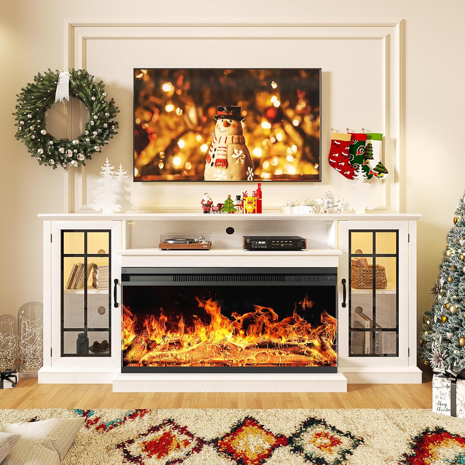 oneinmil 36 Inch 3-Sided Glass Fireplace TV Stand for TVs up to 80', Rustic Media Entertainment Center Console Table with Glass Door Closed Storage, Set of TV Table, White