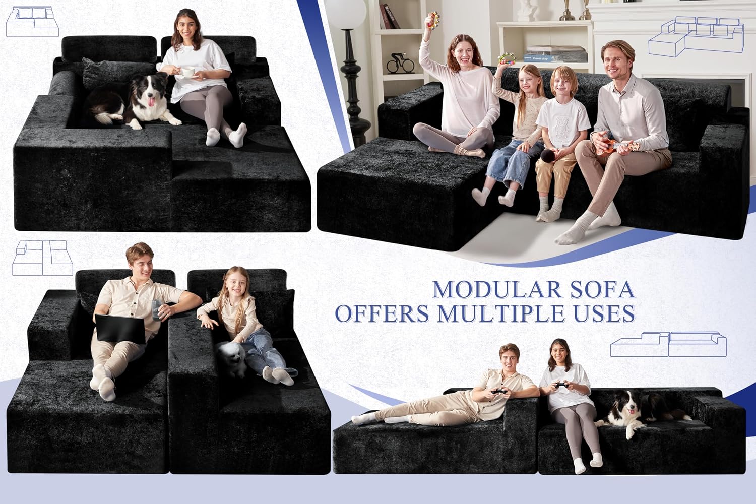 HABUTWAY 105' L-Shape Modular Sectional Sofa Couch for Living Room,No Assembly Required,Modular Comfy Sofa with Deep Seat for Living Room Bedroom,Luxury Distressed Velvet(Left,Black)
