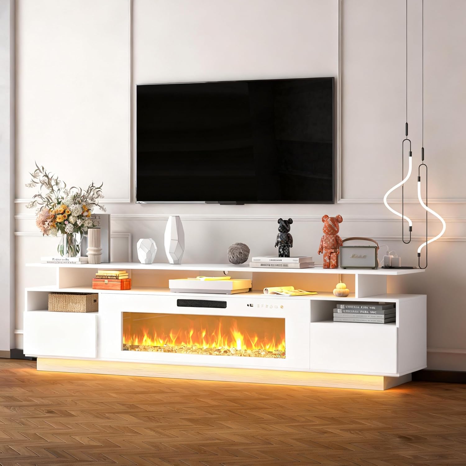 FJTJBSI 70' Fireplace TV Stand with 36' Electric Fireplace Entertainment Center with Charging Station and LED Light Console Table for Television up to 80 inch with Storage for Living Room
