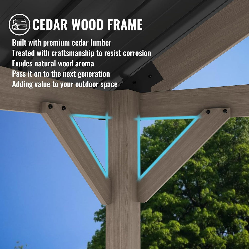 10 x 12 ft Gable Cedar Wood Gazebo Premium Hardtop Permanent Gazebo Pergola with Galvanized Steel Roof Pavilion for Patio Lawn Backyard