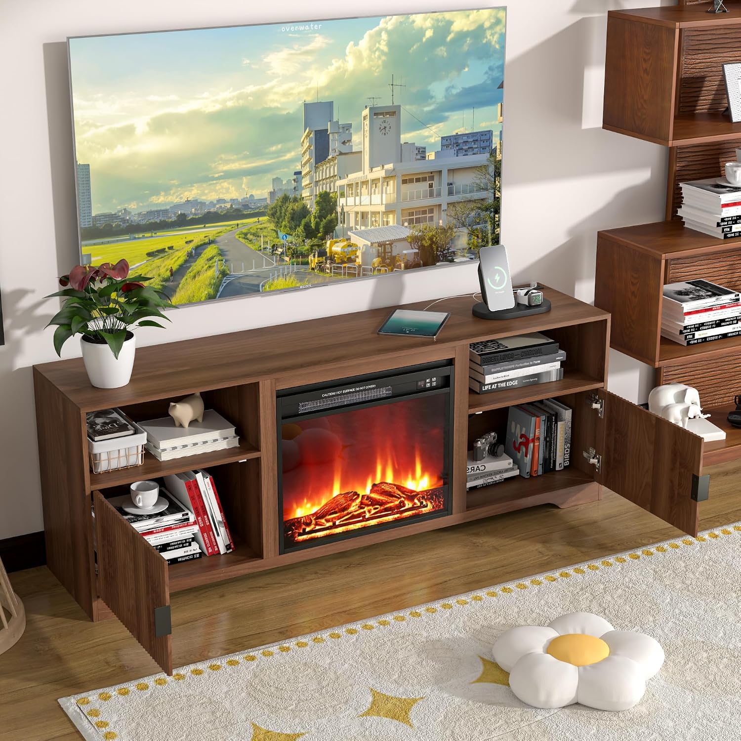 Fireplace TV Stand for Television up to 80 Inch,Entertainment Center with Adjustable Shelf,Mid-Century Modern Fluted TV Stand with 23' Electric Fireplace,Media Console for Living Room,Bedroom