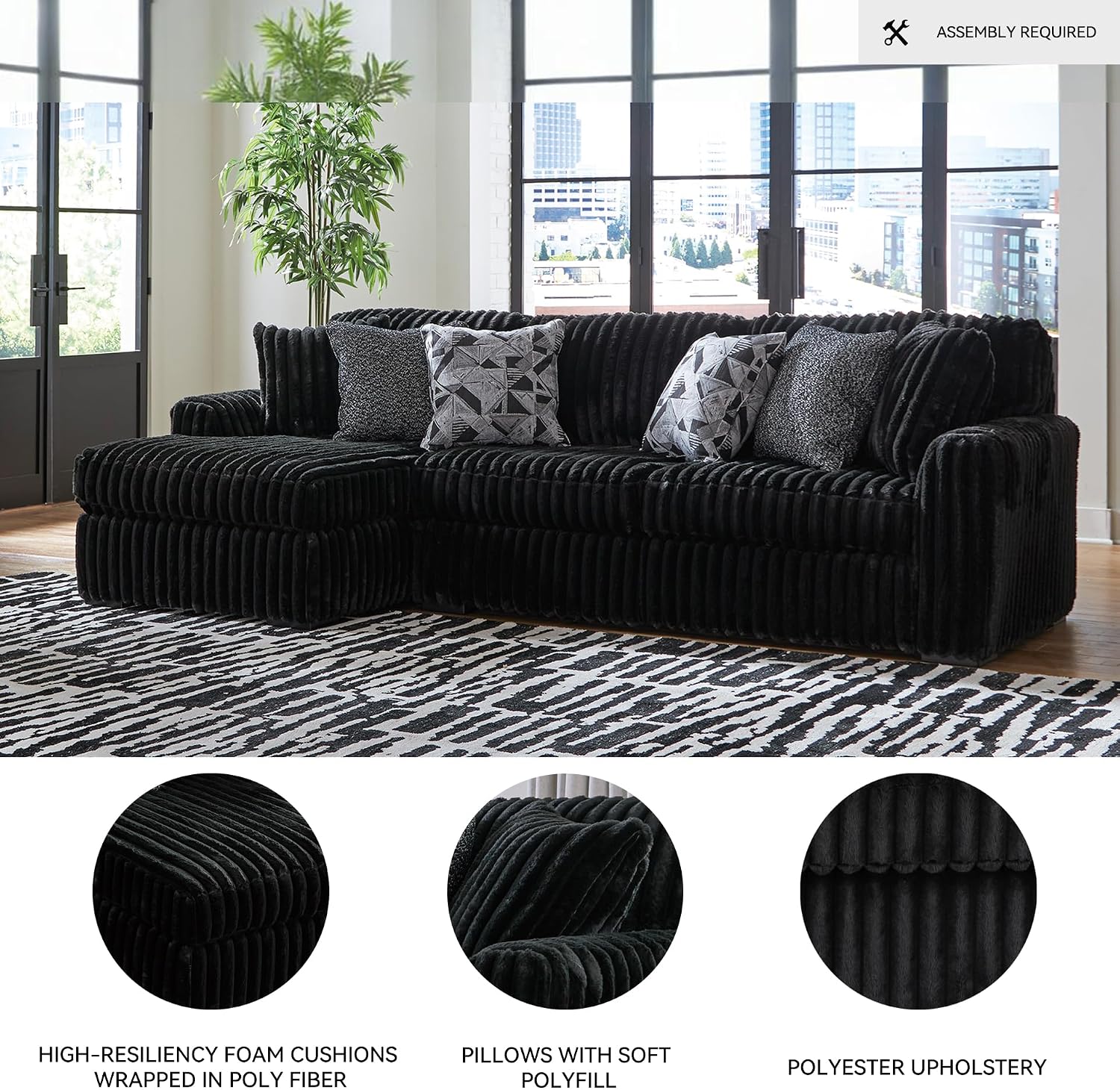 Signature Design by Ashley Midnight-Madness 2-Piece Sectional Sofa with Chaise, Faux Wood Finish Accent Legs, Fabric Upholstery, 120' W x 65' D x 40' H, Black