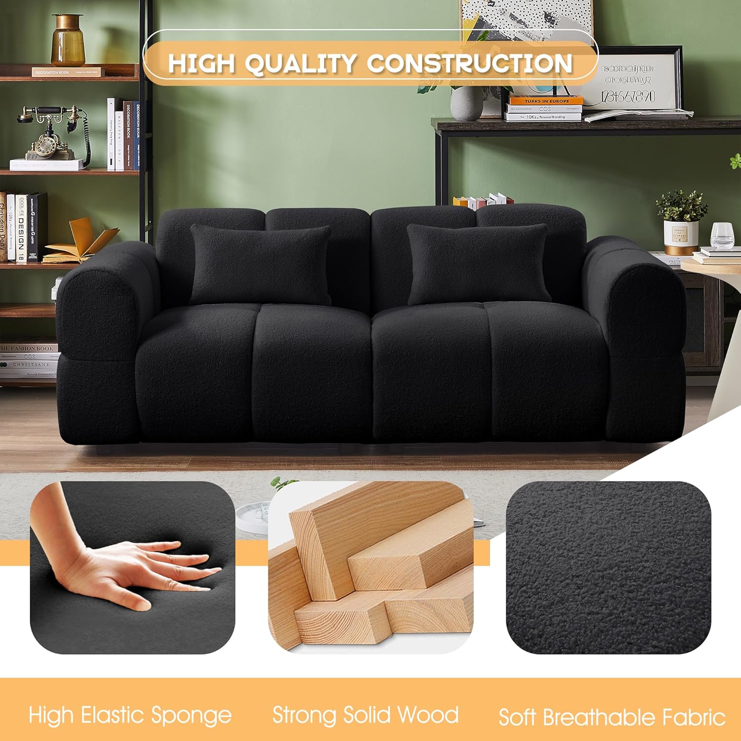 80' Modern Sofa Couch, Comfy Deep Seat Lambswool Cloud Sofa, Upholstered 3-Seater Boucle Couch, Oversized Loveseat for Living Room, Bedroom, Office, Apartment(Black)