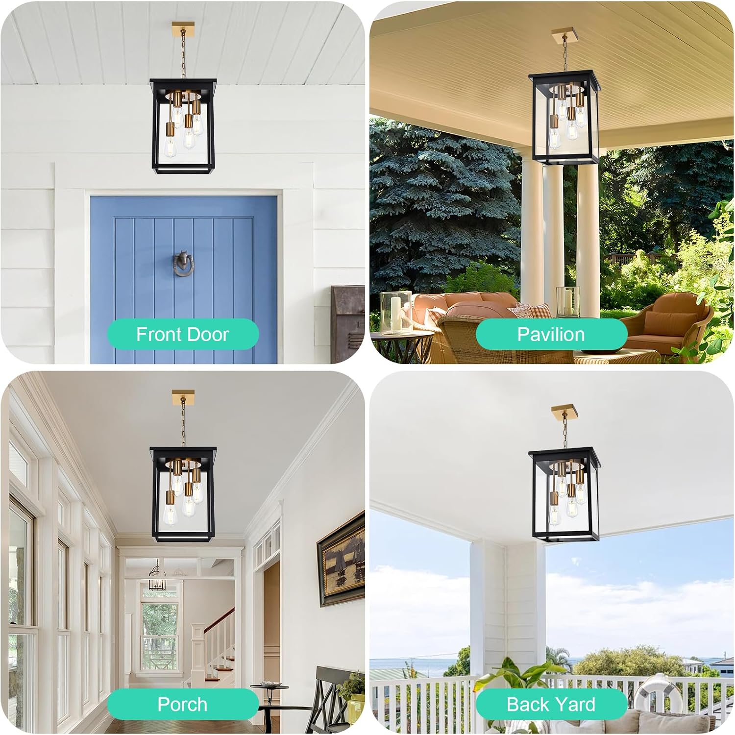 Yaohong Large Outdoor Pendant Light, 4-Lights Black and Brushed Brass Exterior Hanging Porch Chandelier Lantern with Clear Glass, Outdoor Ceiling Light Fixture for Entryway Gazebo Patio