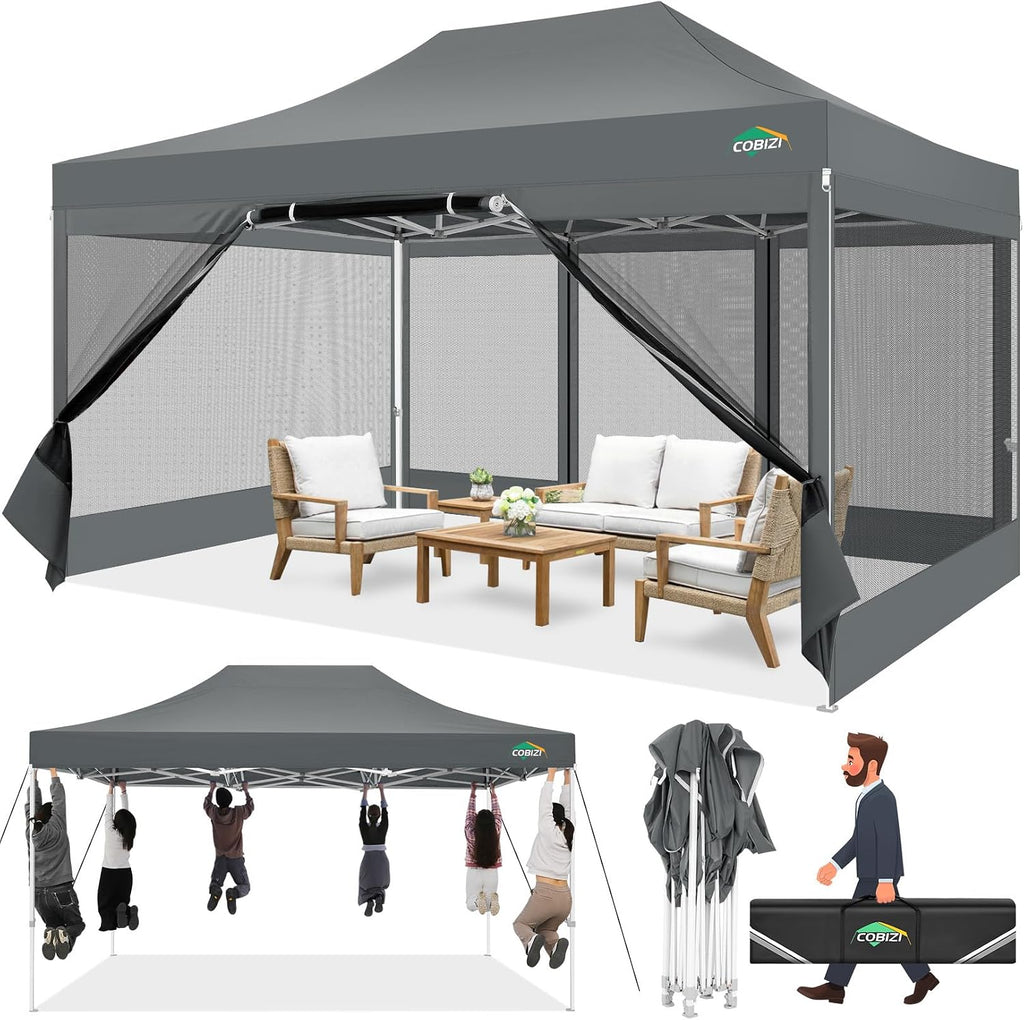 COBIZI 10x15 Heavy Duty Pop up Canopy with 4 Sidewalls, Canopy Tent with Mosquito Netting, Easy up Screen Party Tents for Parties Wedding Patio Backyard Commercial Gazebo with Handbag, Gray