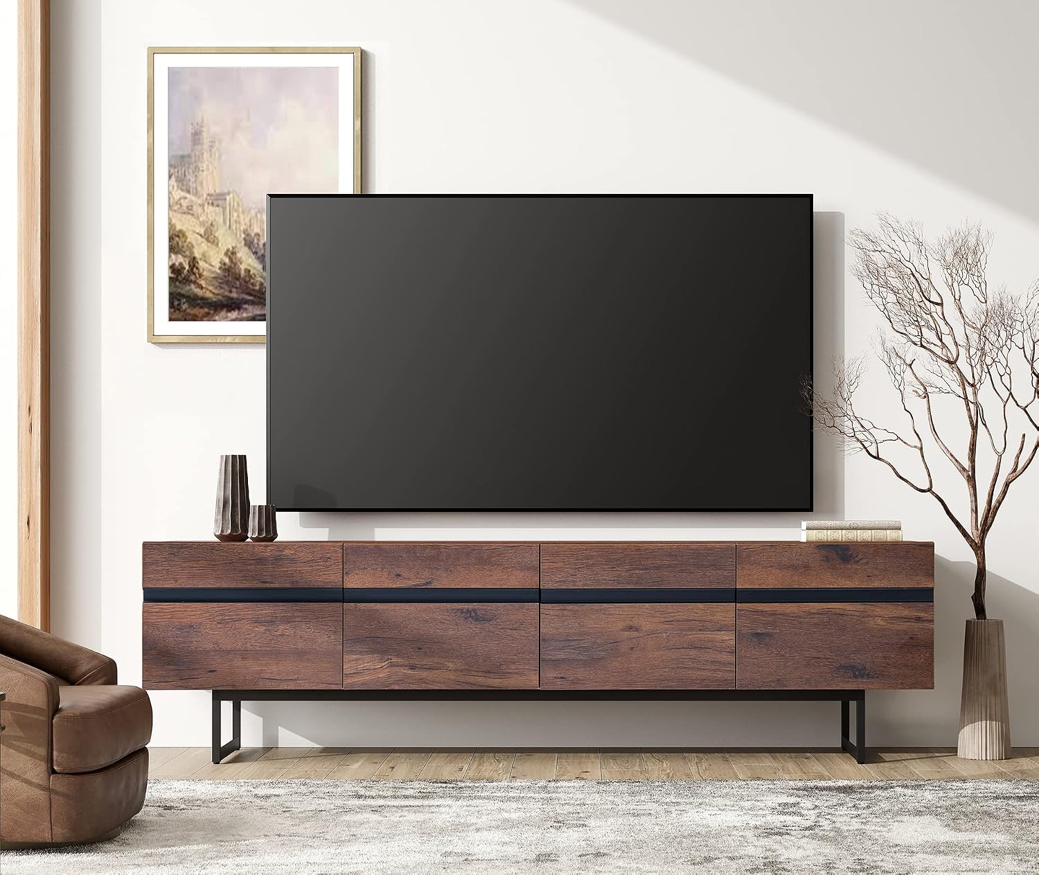 WAMPAT Modern TV Stand for up to 75 inch TV, Wood Entertainment Center TV Console Table with Storage Cabinets Media Console for Living Room, Brown