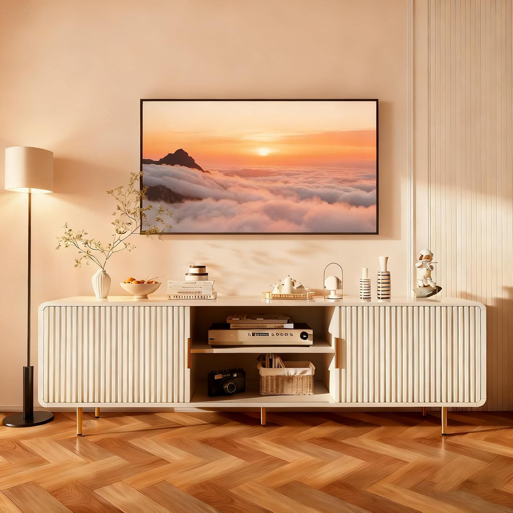 TV Stand for 65 Inch TV, Fluted TV Stand with Curved Profile Design, White Modern Entertainment Center TV Console Table with Sliding Doors & Adjustable Shelves, TV Stand for Living Room Bedroom, White