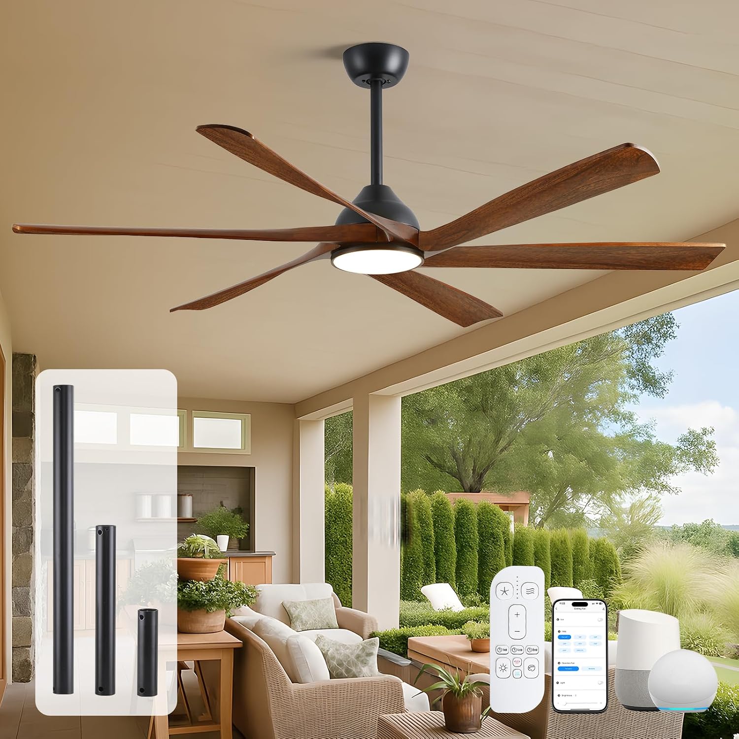 60 Inch Outdoor Ceiling Fan with Light and Remote, Rustic Farmhouse Smart Fan with WiFi App/Alexa Voice Control, 6 Solid Wood Blades, Quiet Reversible DC Motor, Damp Rated for Patio Bedroom