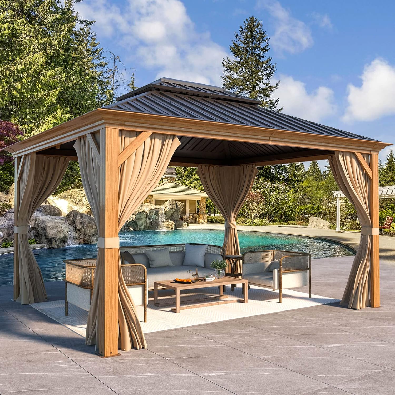 MELLCOM 10'x12' Hardtop Gazebo, Wooden Finish Coated Aluminum Frame Canopy with Galvanized Steel Roof, Outdoor Metal Gazebos with Curtains and Nettings for Patio, Backyard, Deck and Lawns
