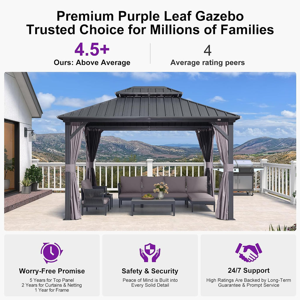 PURPLE LEAF 10'x12' Hardtop Gazebo with Lights UV-Protected Aluminum Double Roof Galvanized Steel Frame Outdoor Patio Gazebo Including Netting and Curtains for Deck Garden Backyard Grey